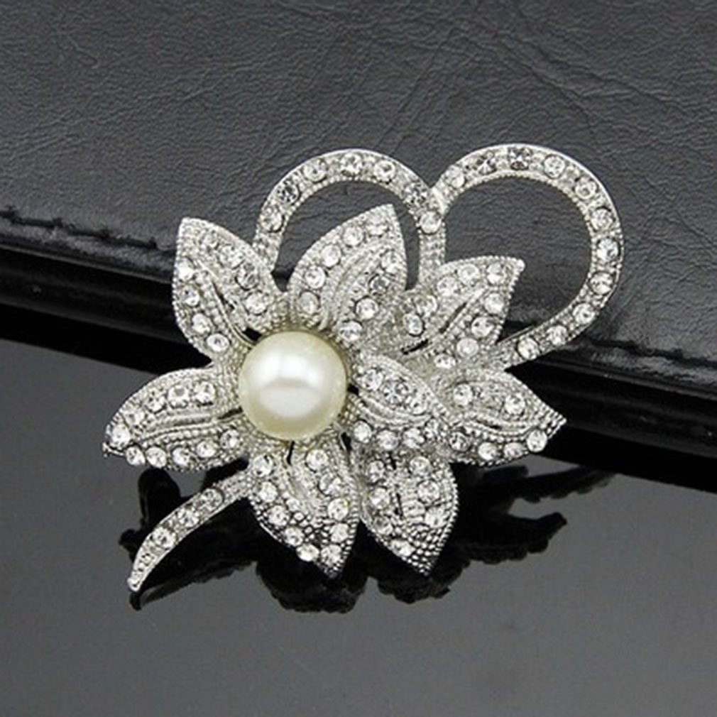 Broche Ancienne Allongée En Métal Doré Avec Perles - Bijou Fantaisie Vintage, Occasion