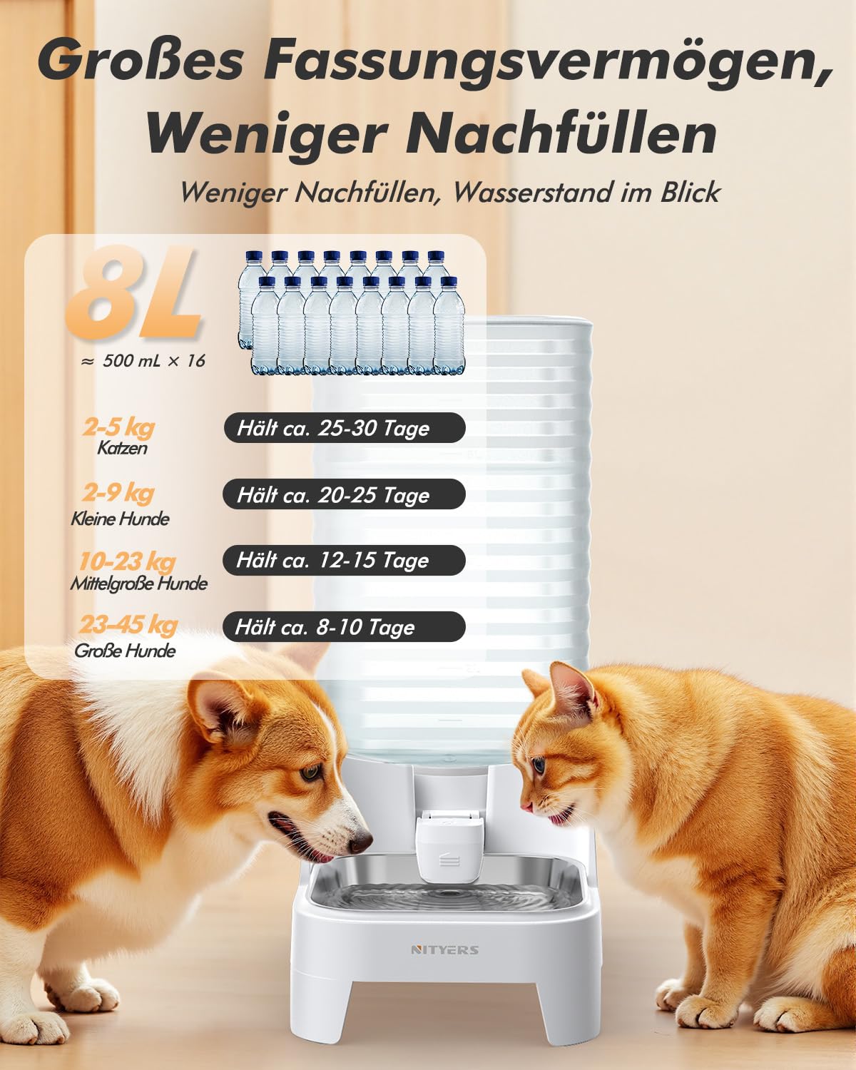 8L Wasserspender für Hunde und Katzen mit patentiertem Wasserhahn, futterautomat Katze mit Filter,verstellbarem Sockel, leicht zu reinigen, lebensmittelecht & BPA-frei
