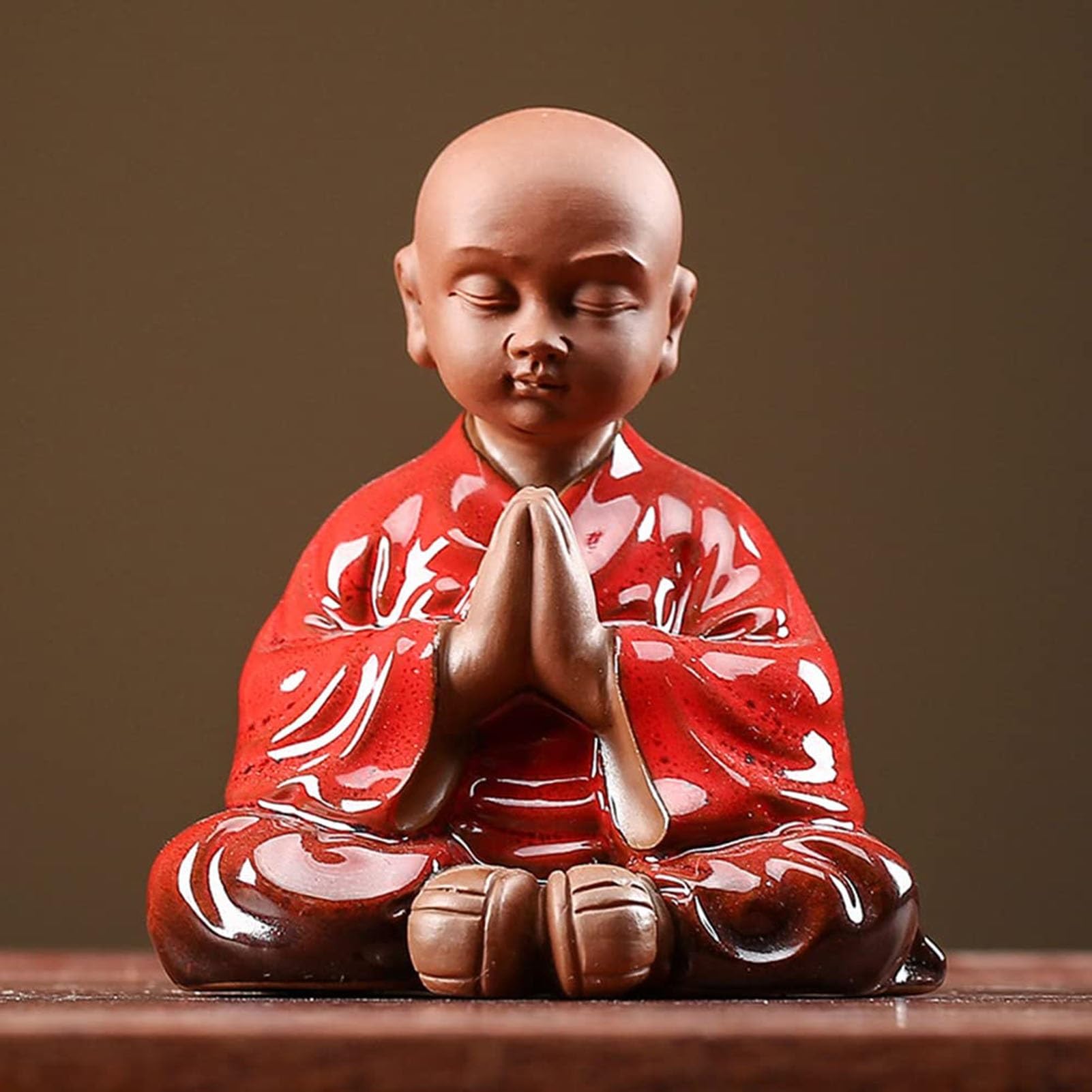 YUZDNM Little Monk Statue, Praying Buddha Statue, Ceramic Cute Shaolin Monk Figure for Home Decor, Desktop Zen Art Ornament, Collectible(Red)