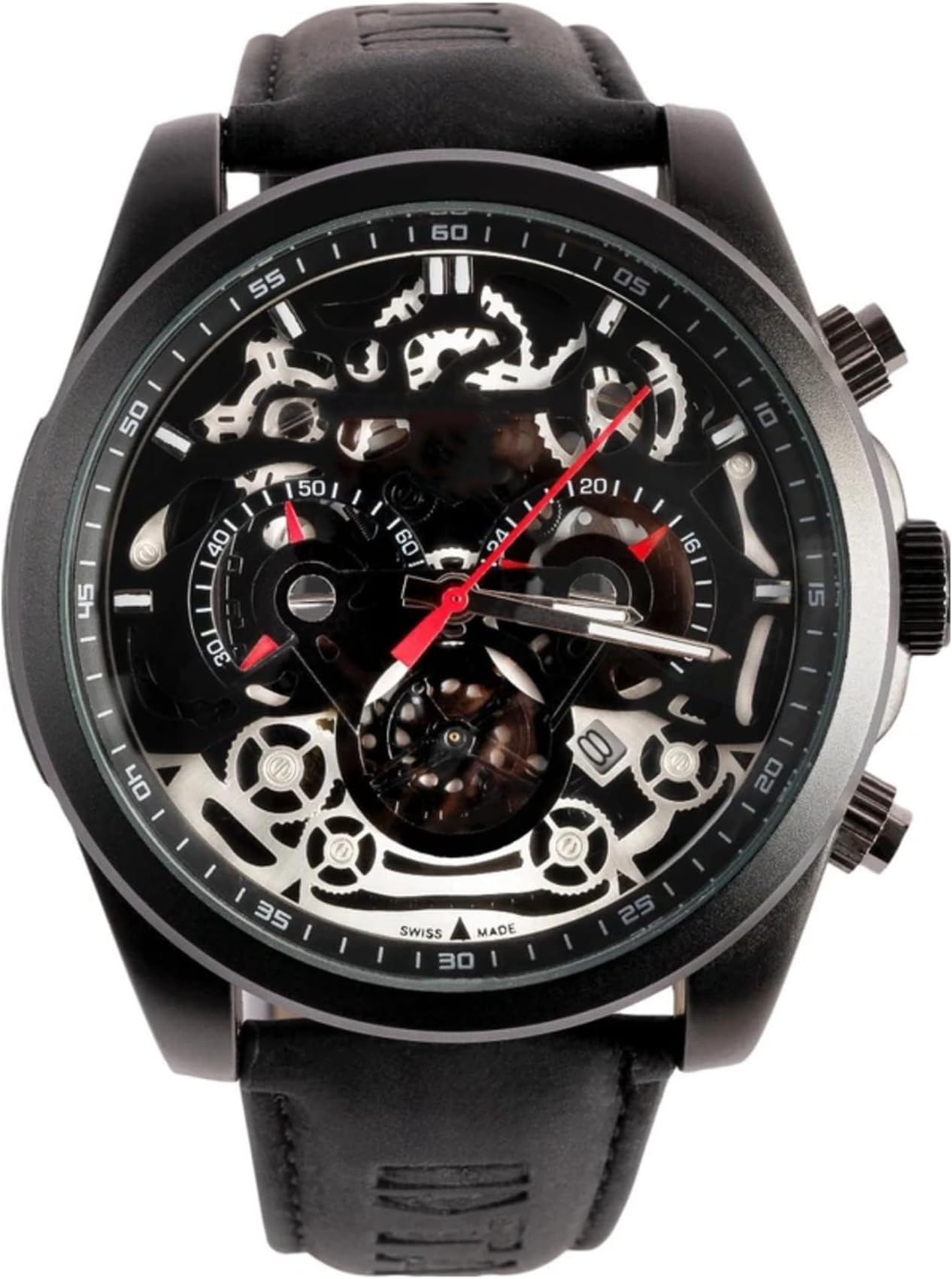 Men’s Skeleton Dial Chronograph Watch | Premium Analog Quartz Wrist Watch with Date Display | Leather Strap | Stainless Steel Case | Luxury Casual & Formal Watch for Men