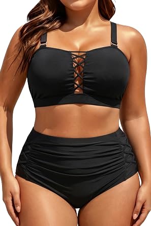 Daci Women Plus Size High Waisted Swimsuit Tummy Control Two Piece Bandeau