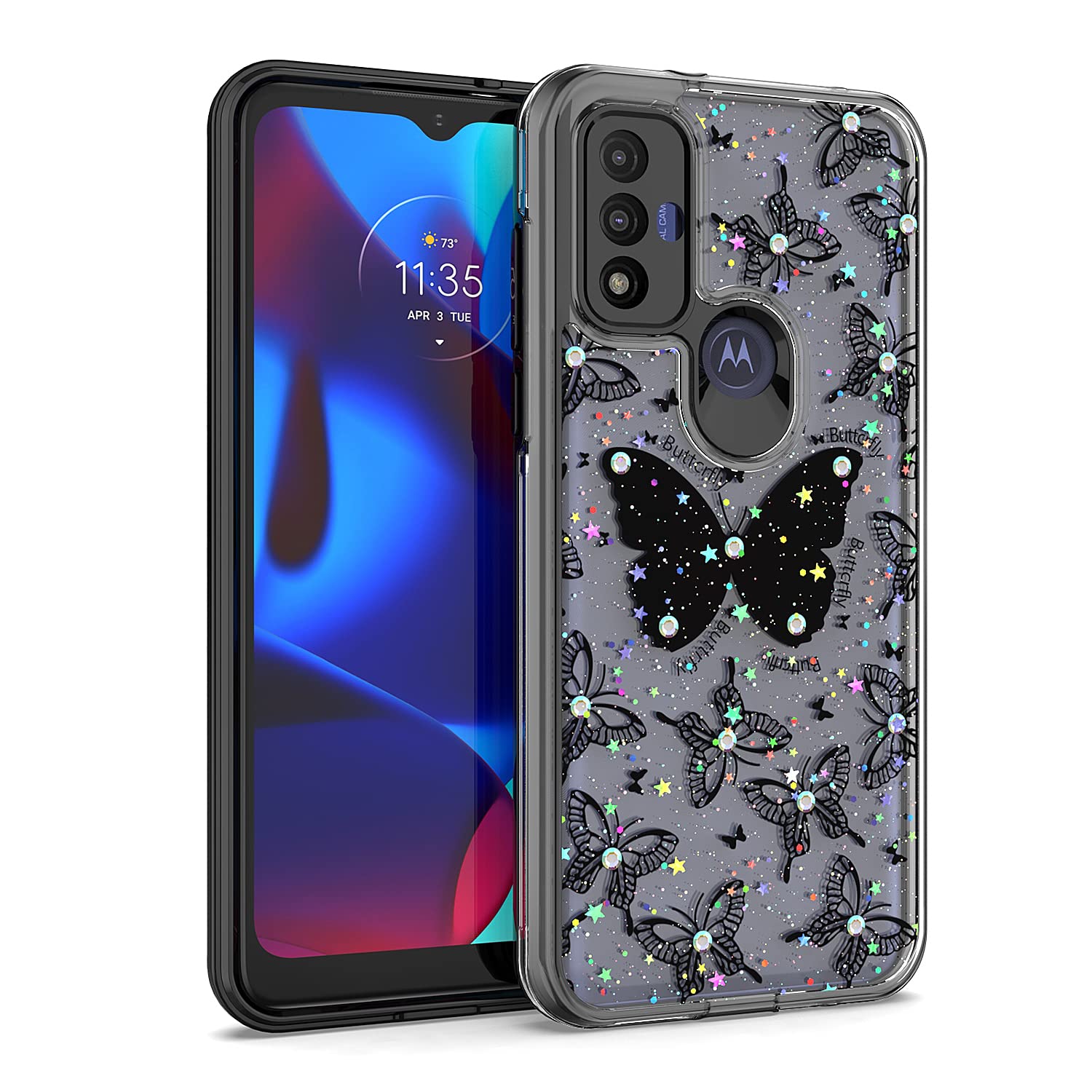 KACHEN for Motorola G Pure/Moto G Power 2022/Moto G Play 2023 Case, Black Frame 3D Rhinestone Butterfly Slim Fit Shimmer Sparkle Hybrid Shockproof Bumper Cell Phone Case for Women Girls