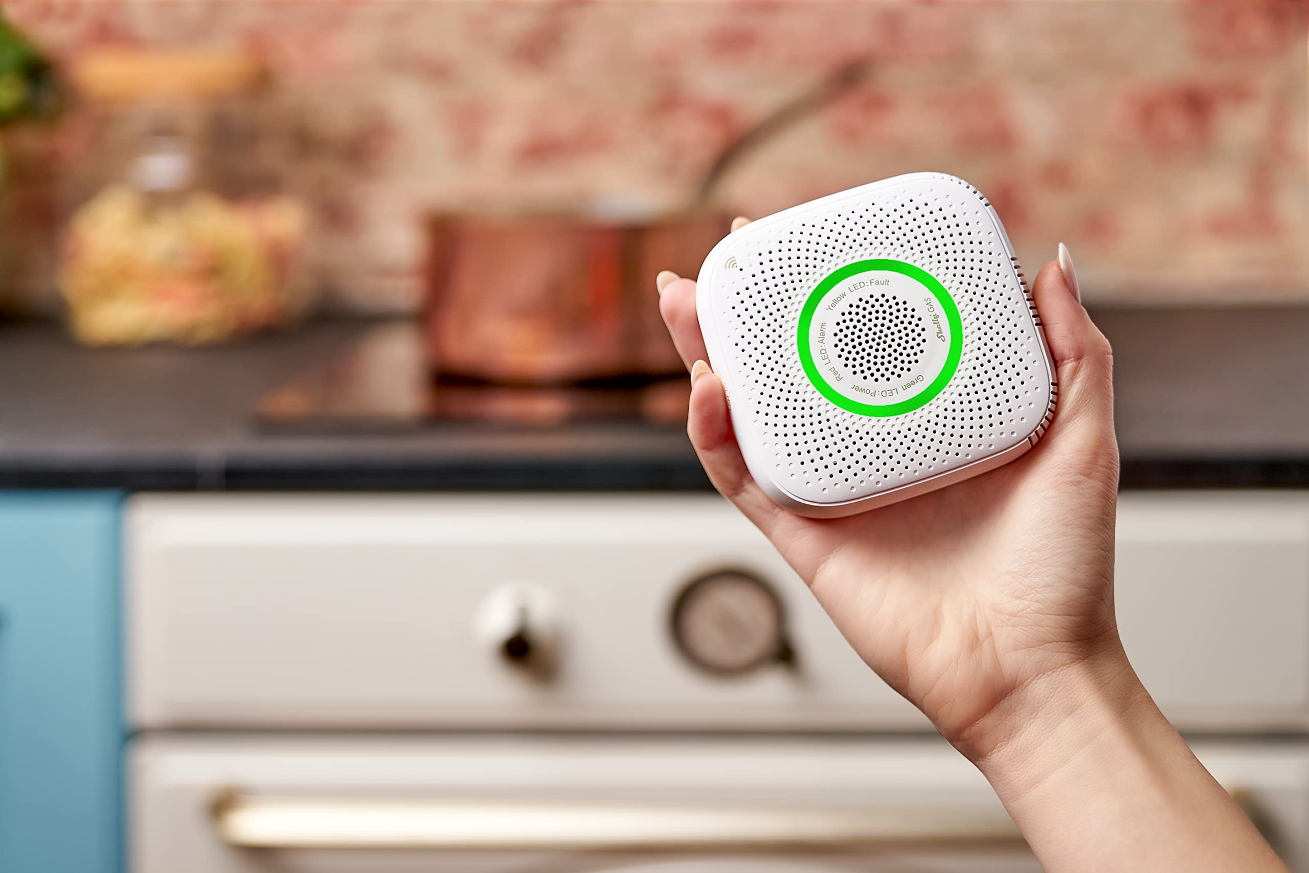 Shelly GAS (LPG), Inteligentny Wykrywacz Wycieków Gazu Wi-Fi, Natychmiastowe Alerty Dźwiękowe i Świetlne, Odporny na Płomienie, Bezprzewodowy, Alerty Aplikacji, Wyjście Zaworu, Bezpieczeństwo Domowe