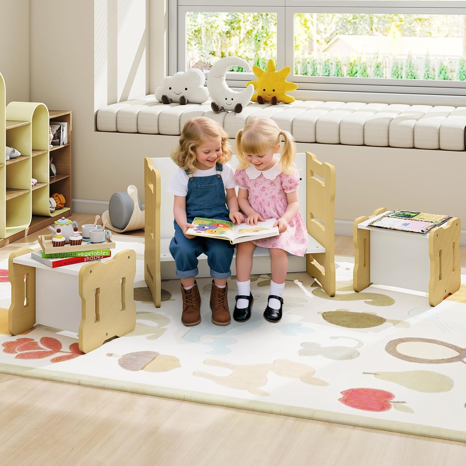 Costzon Kids Table and Chairs, All in One Wooden Activity Desk Set, Bench, Storage Shelves for Home, School and Kindergarten, 3 PCS Toddler Table and Chair Set (Natural)