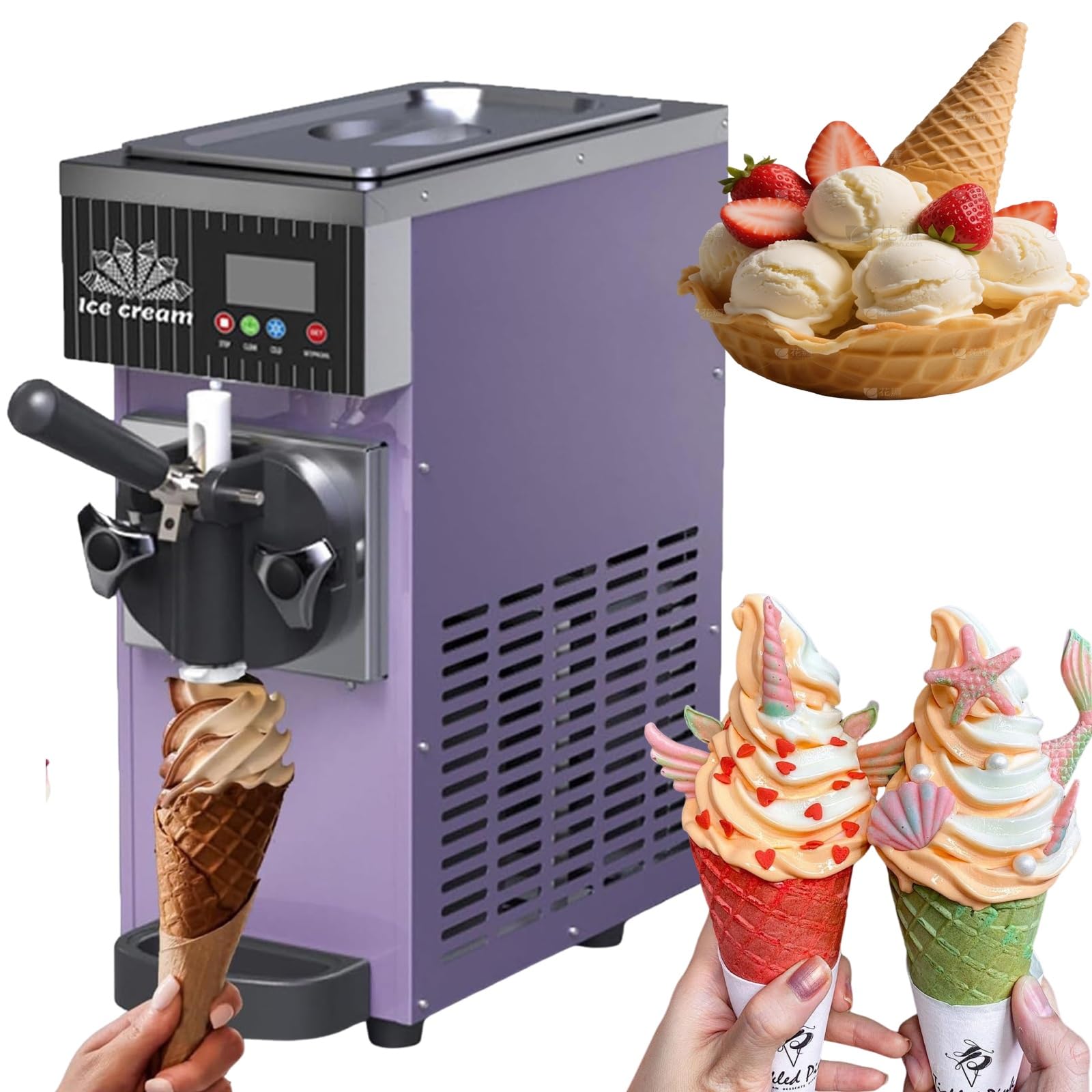 Machine à Glace Italienne Comptoir,Machine à Glace Italienne Professionnelle, 4 à 5 Kg/H, avec Pré-Refroidissement,Nettoyage Automatique Et écran LCD(Purple)