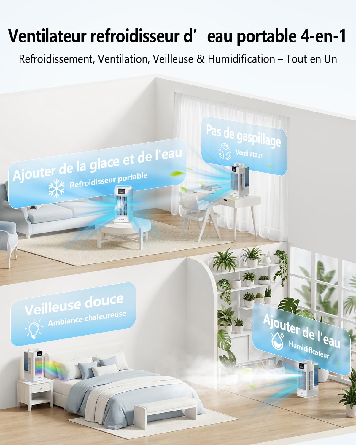 Rafraîchisseur d'Air Portable：Réservoir 2L, Oscillation 120°, 4 Vitesses, LED, Minuteur et Télécommande, Ventilateur Rafraîchissant pour Maison et Bureau