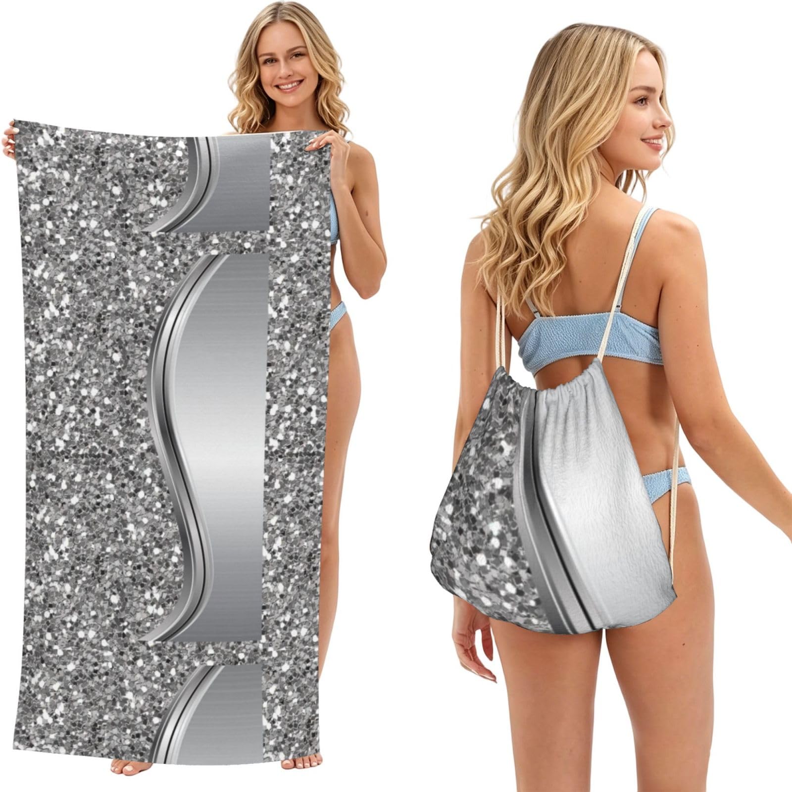 Poadnly As Picture Silver Faux Glitter Glam, 2 In 1 Packable Towel Bag, Beach Towels With Drawstring Backpack For Travel Holiday Camping