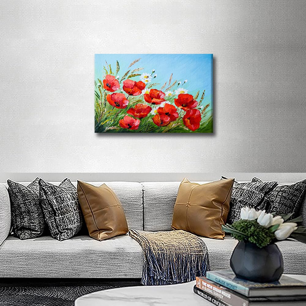 Canvas Wall art Flowers Oil Painting Prints Red Poppies in the Field Painting Flower Wall Art Artwork for Bathroom Bedroom Living Room Home Decoration Framed Ready to Hang 16x24 in - Image 3