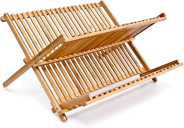 raxter Dish Drainer, Heavy Duty Dish Drying Rack 2 Tier Foldable Dish Rack, Waterproof Bamboo Draining Board Plate Rack for Kitchen Countertop - 24 x 42 x 33 cm Sink Drainer Rack - Natural Brown
