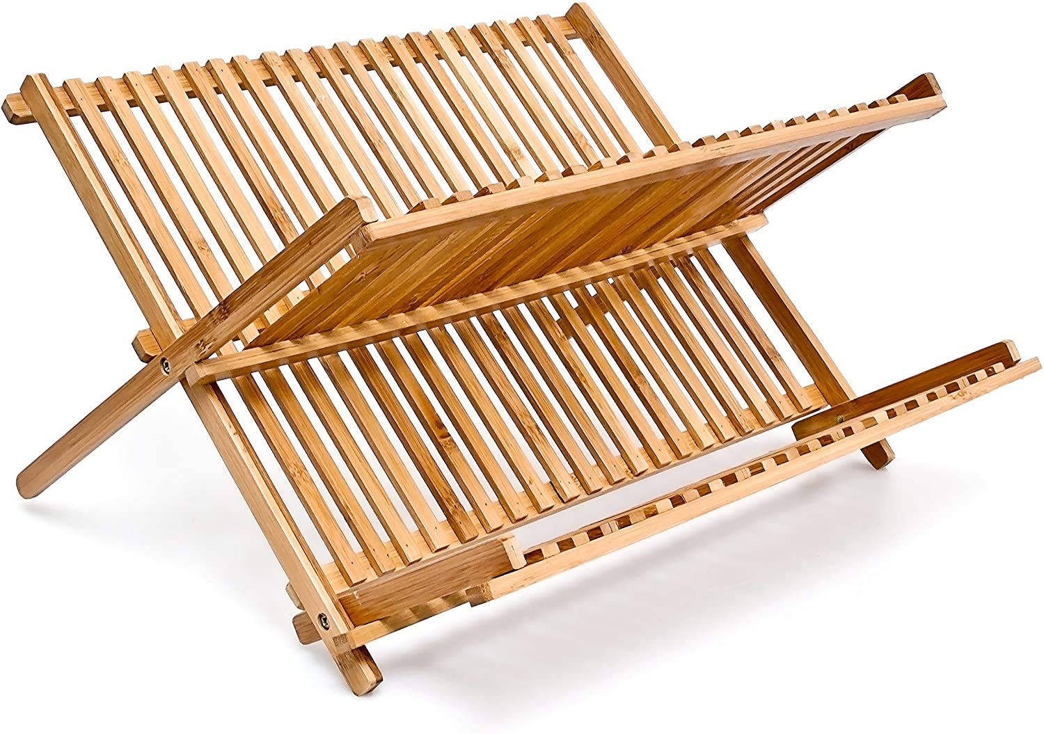 raxter Dish Drainer, Heavy Duty Dish Drying Rack 2 Tier Foldable Dish Rack, Waterproof Bamboo Draining Board Plate Rack for Kitchen Countertop - 24 x 42 x 33 cm Sink Drainer Rack - Natural Brown
