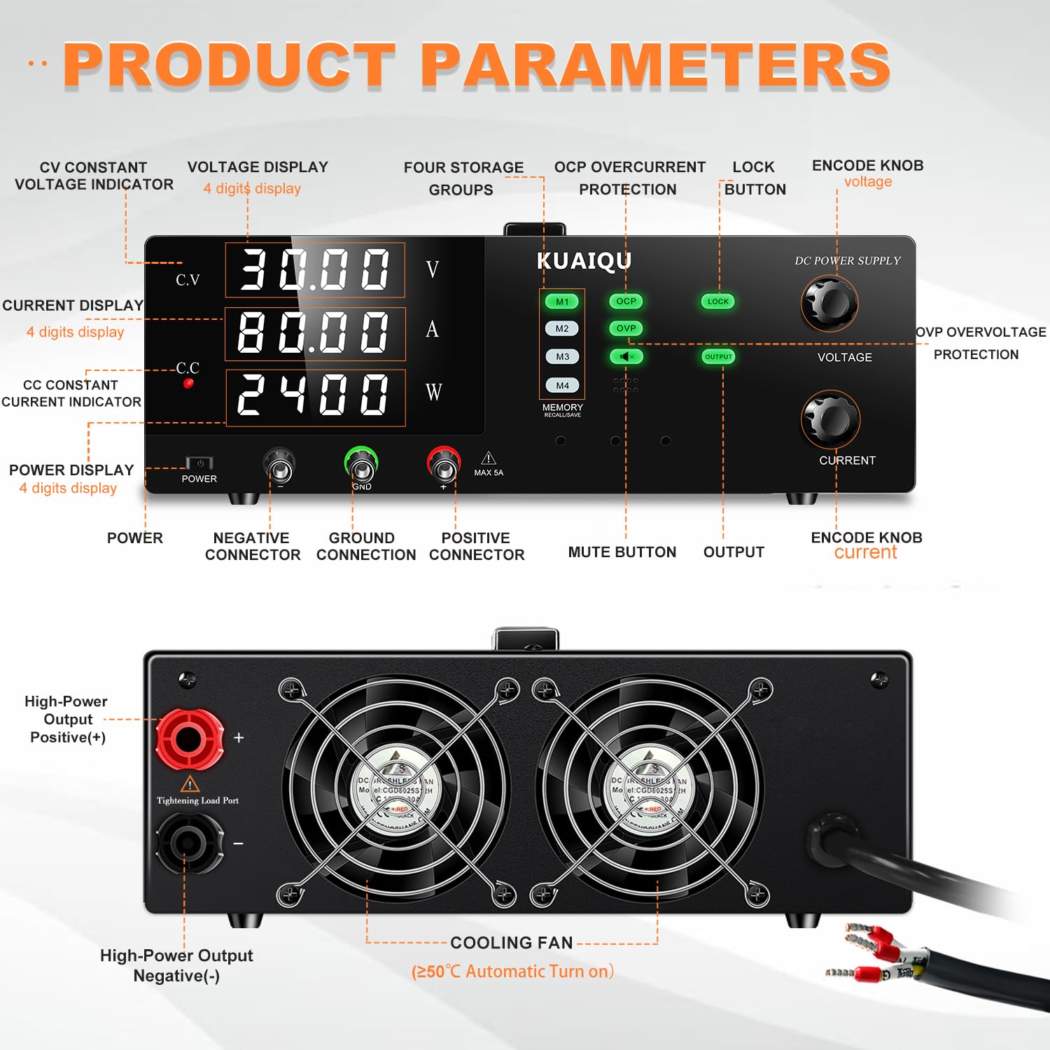 Alimentation de Laboratoire 30V 80A 2400W Haute Puissance Alimentation Stabilisée Réglable avec Mémoire/OCP/OVP/Output/Encodeur d'alimentation Laboratoire pour Laboratoire/Test de Batteries