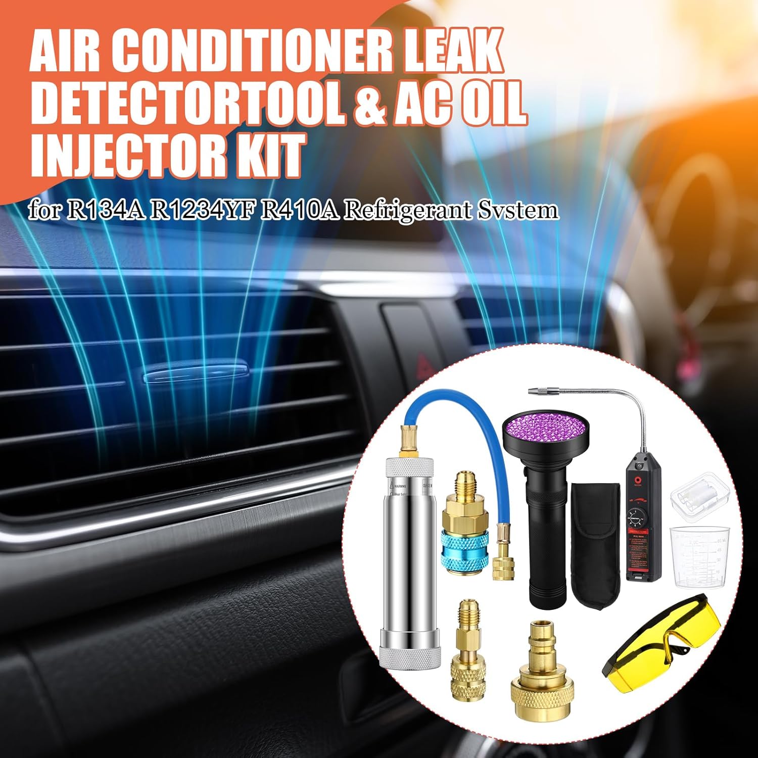 AC Leak Detector Kit, AC Oil Dye Injector Kit for R1234YF R134A R410A, Refrigerant Leak Detector Tool Set Low Side Quick Coupler Split Adapter Flashlight with Protective Glasses