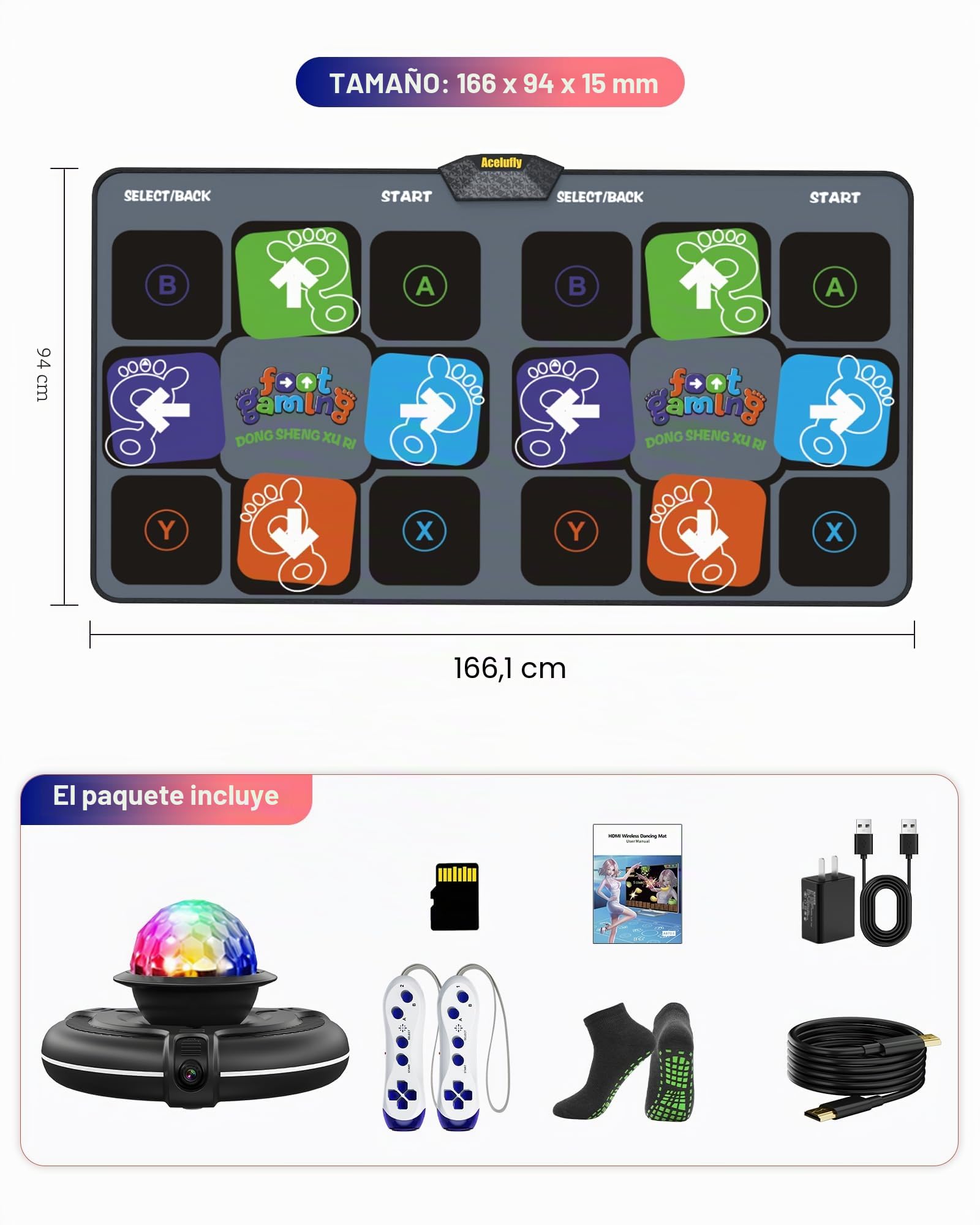 Alfombra de Baile para TV con cámara HD, Alfombra de Fitness Antideslizante para Interiores con 2 mandos inalámbricos y Bola de Discoteca de Colores, Regalo para niños y Adultos (Negro)