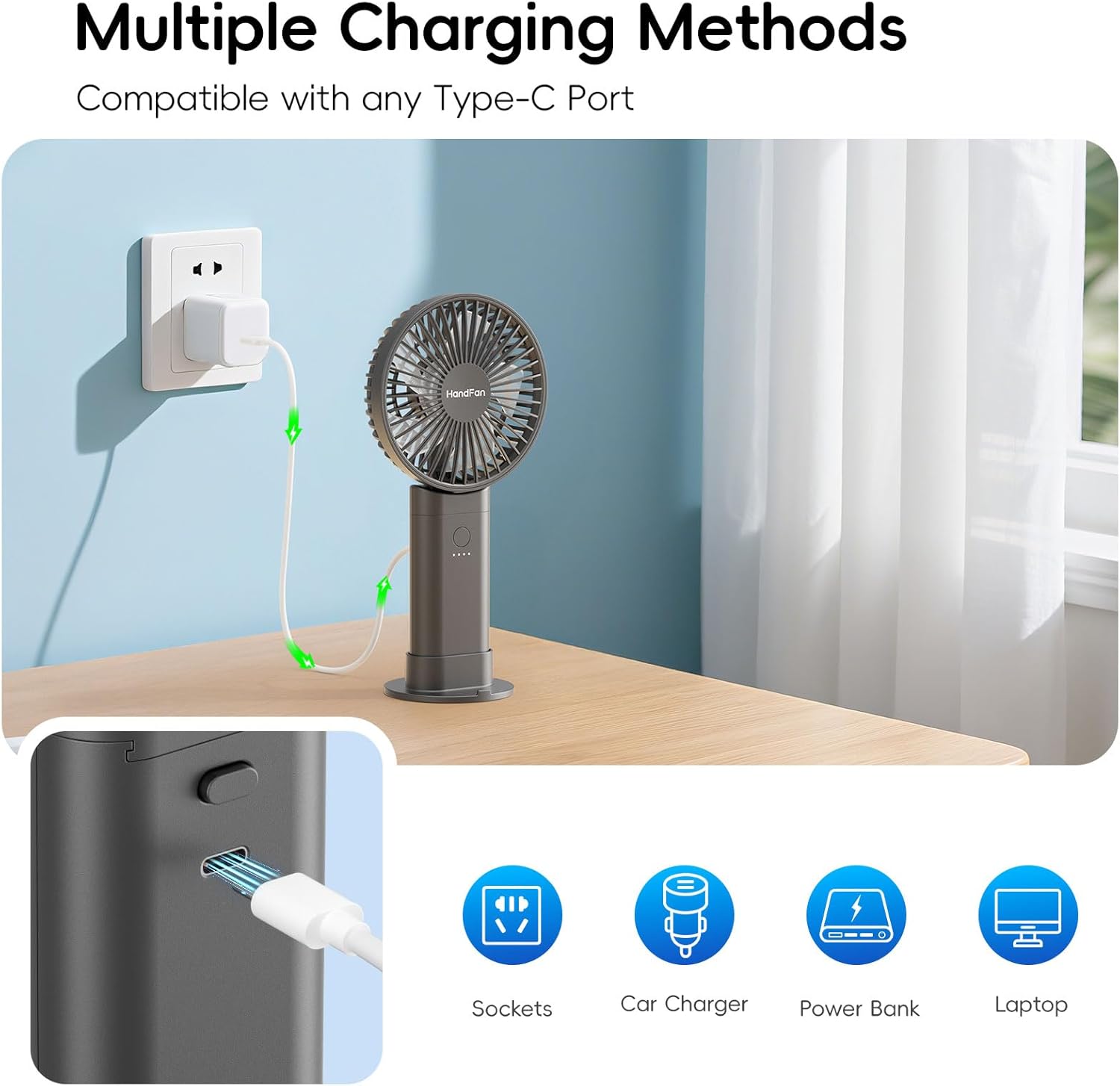 HandFan Upgraded 10,000 mAh Quiet Handheld Fan - 4.5 Inch Large Hand Held Fans Reahargeable, 180° Foldable Portable Fan [30 Working Hours] with Lanyard, Base for Disney/Travel/Concerts/Beach/Office