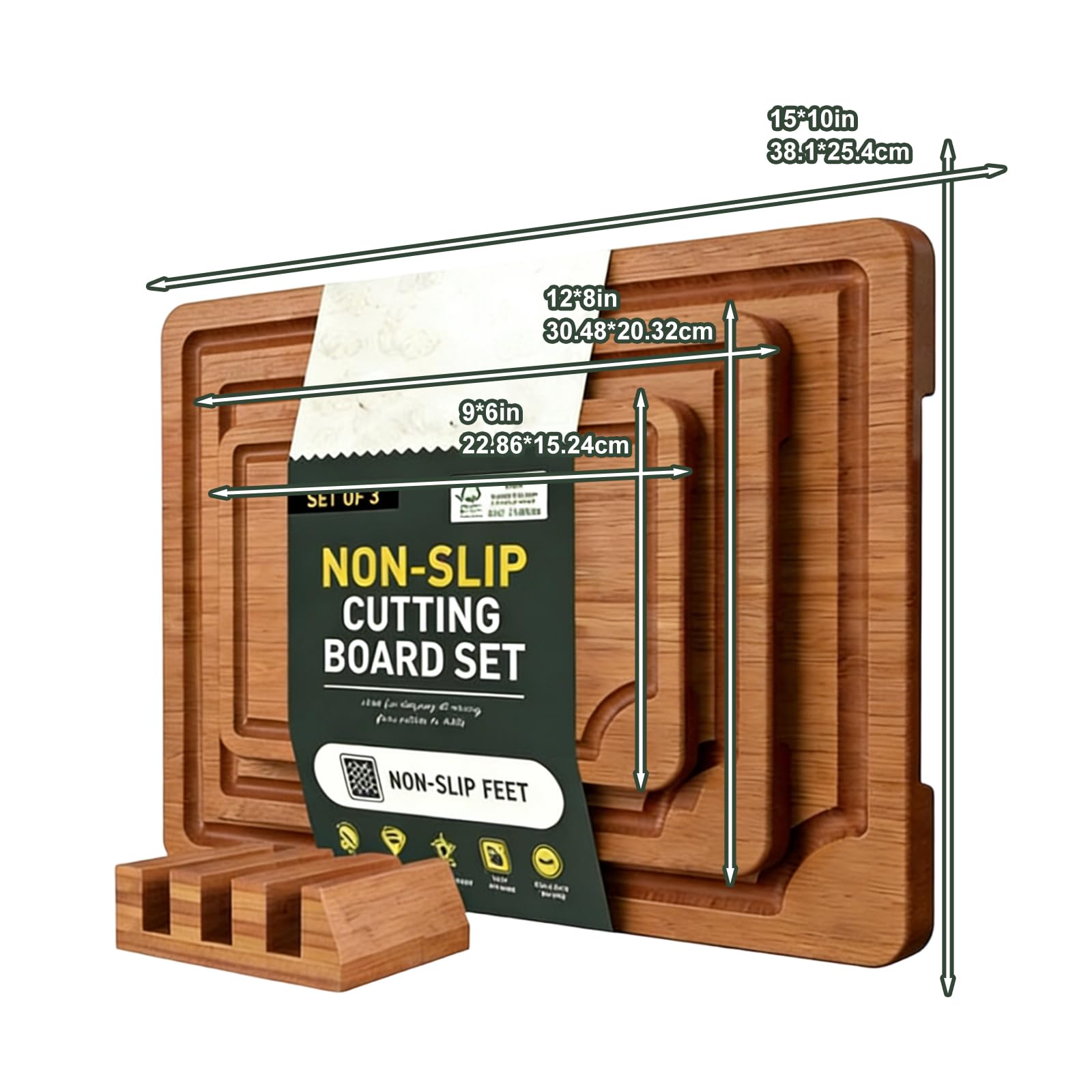 Juego de tablas de cortar de bambú natural de 3 piezas para frutas, verduras y carne, cocinas modernas, esenciales con tabla de cortar de diseño antideslizante