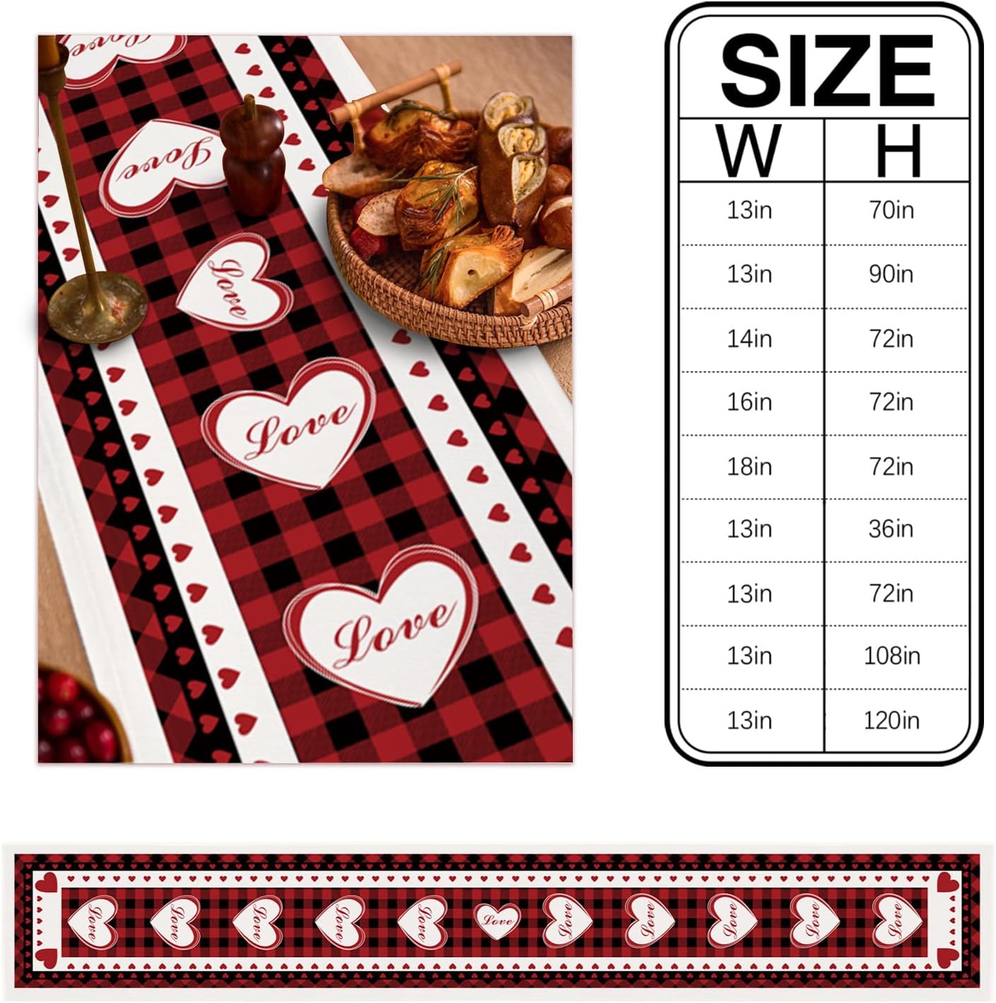 Linen Burlap Table Runner, Valentine's Day Love Heart on Red Lattice Dresser Scarve, Non-Slip Farmhouse Table Runners for Wedding, Holiday Parties, Kitchen, Dining Room Decoration 18"x72"