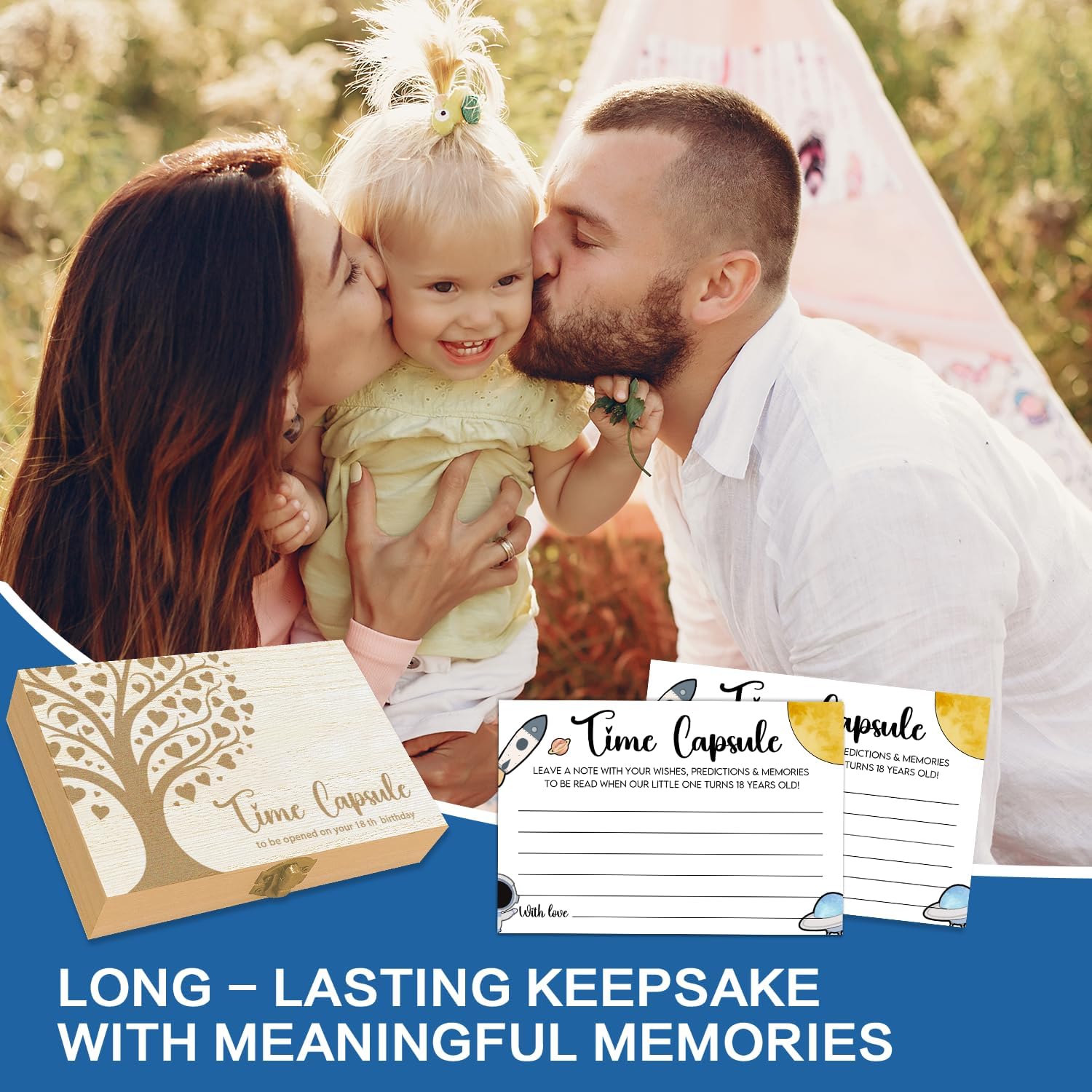 Time Capsule Box for 1st Birthday - Baby's First Birthday Keepsake Kit with 50 Pcs Space Party Games Cards, Child-Suitable - Time Capsule Cards Memory Box Gift (Letters to Open at 18) -A01