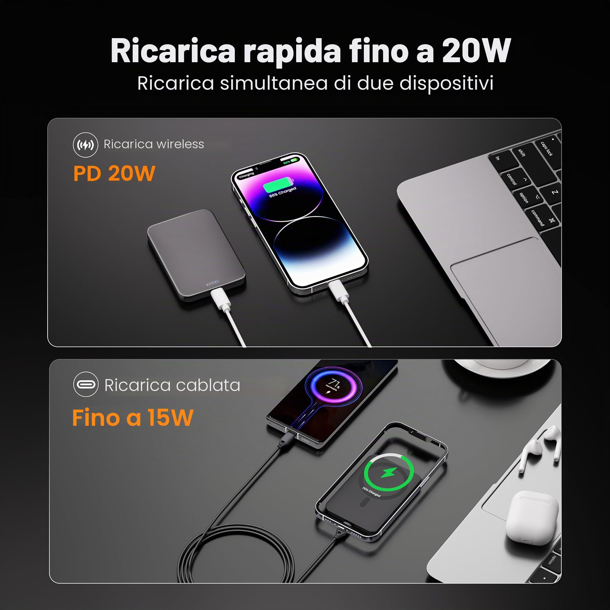 Kstime Power Bank Magnetico 10000mAh 14mm Design Titanio Ultra Sottile PD20W Caricabatterie Wireless Portatile con Ingresso e Uscita USB-C Compatibile con iPhone 17/16/15/14/13/12 Serie (arancione)