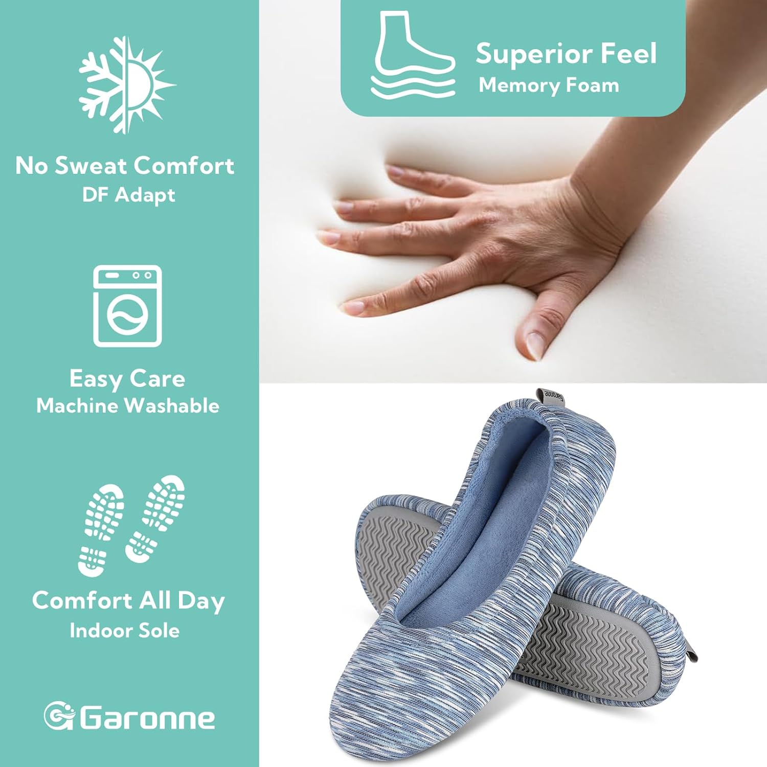 Garonne Women's Ballerina Slippers with Memory Foam and Rubber Sole, Ladies' Non-Slip House Shoes for Bedroom Indoor - Image 4