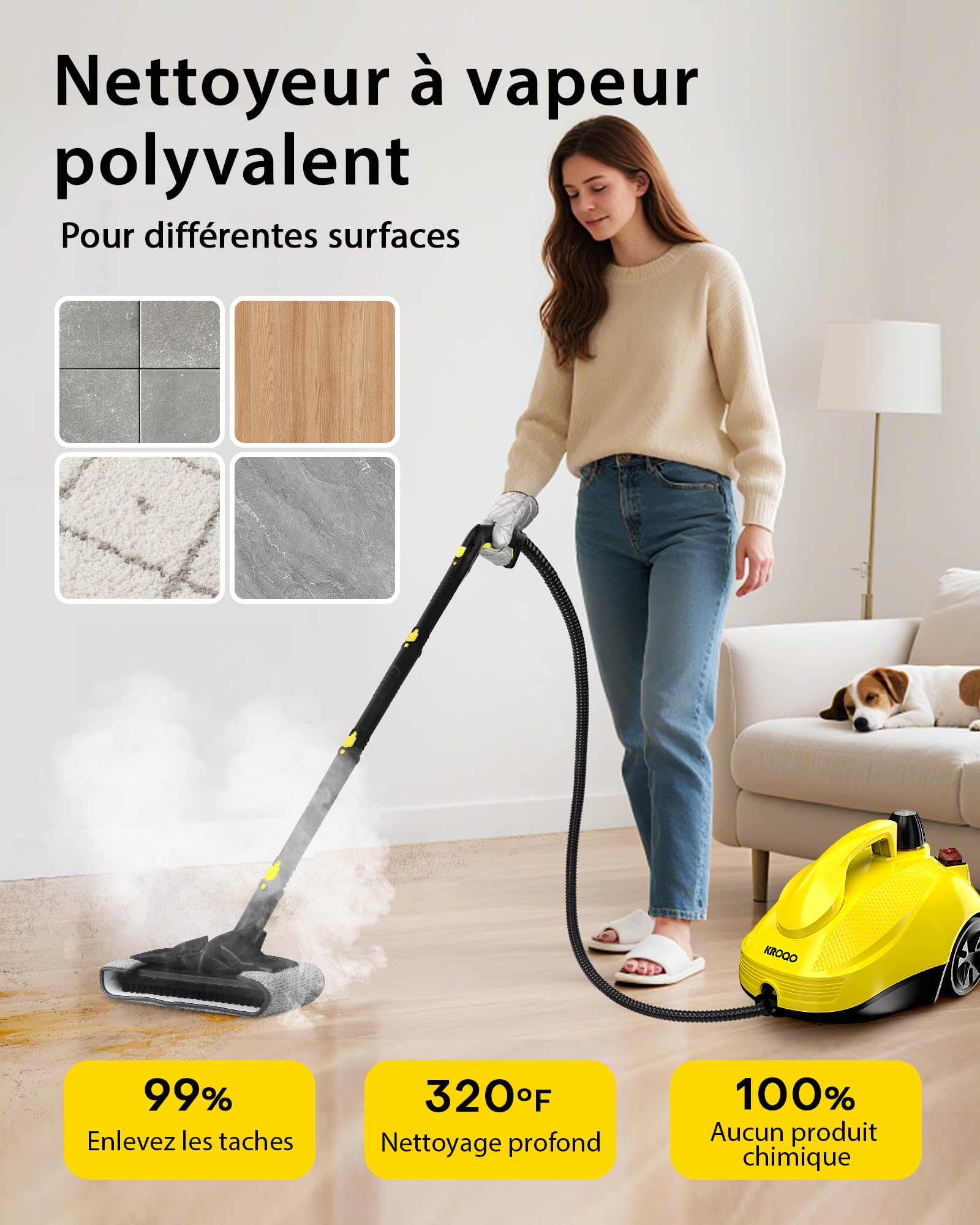 Nettoyeur vapeur KROQO avec 23 accessoires et câble d'alimentation de 5 m pour nettoyer les fours, tapis, canapés, coussins, jouets et sols lisses.