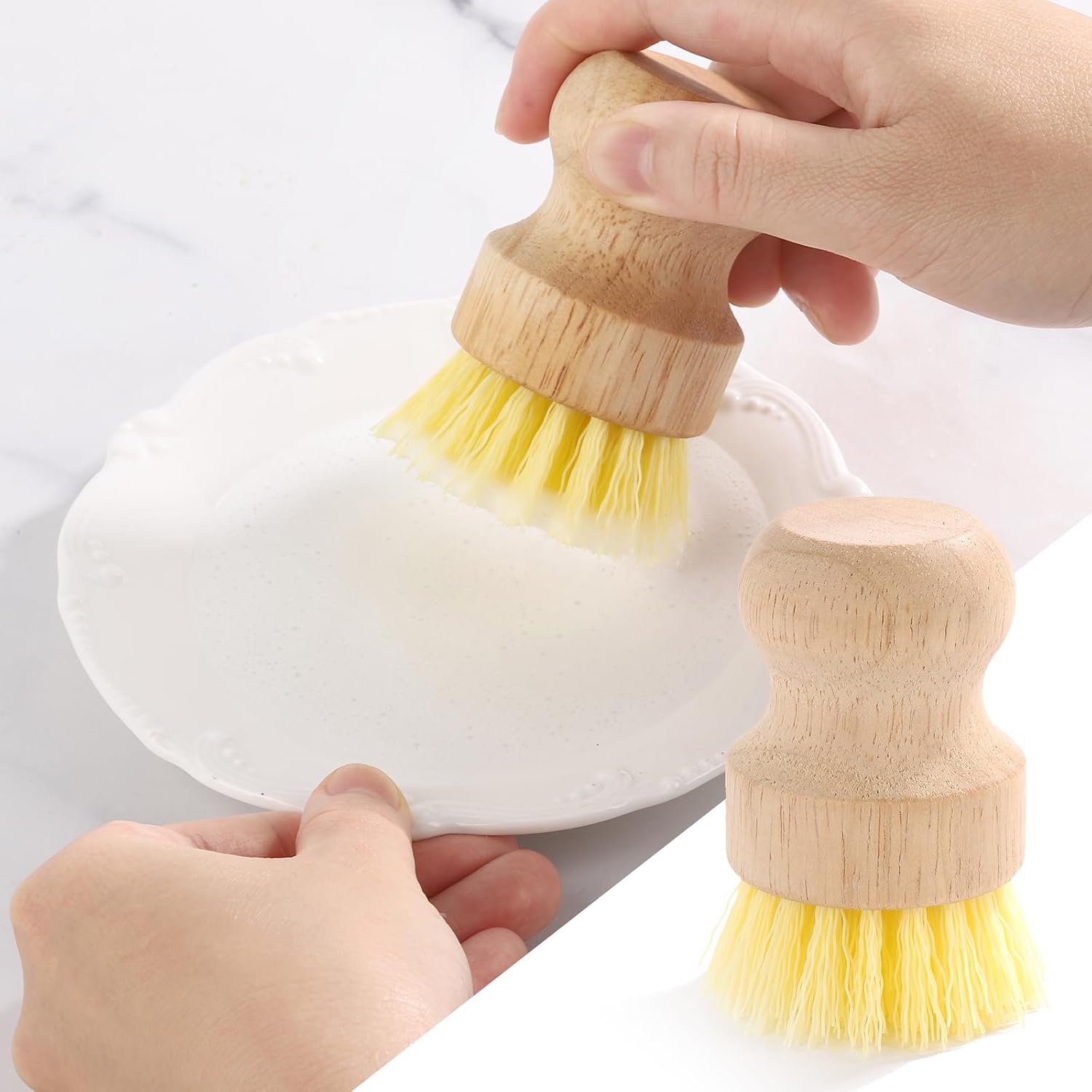 4-Pack Bamboo Dish Brush, Palm Brush Dish Scrubber with Nylon Bristles for Cleaning Pot, Pan, Kitchen Sink, Cookware & Vegetables