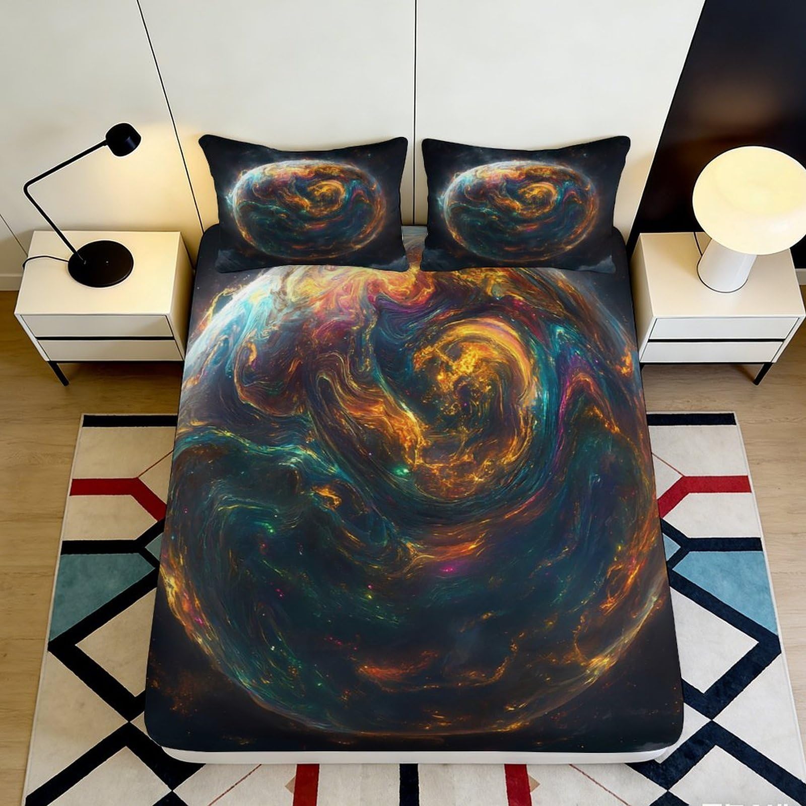 3D Printed Galaxy Starry Sky Fitted Sheet Microfiber Soft Artistic Cosmic Nebula Mattress Cover for Bedroom Décor 90x200x25cm