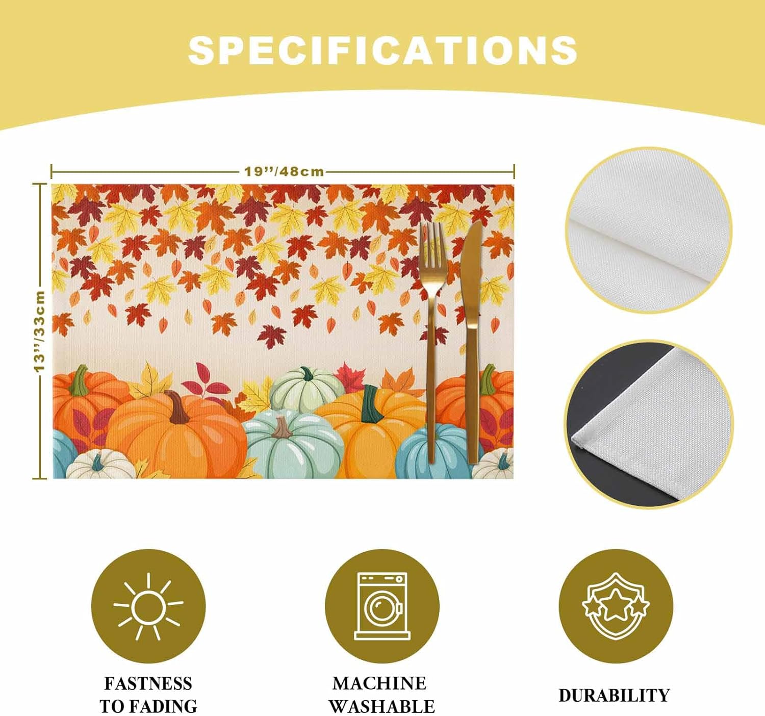 Kitchen Placemat Set 18x12 Inches,Placemats Set of 4,Thanksgiving Harvest Pumpkin Autumn Maple Leaves Table Mats for Home Kitchen Restaurant Thanksgiving Day Party Decoration,Washable