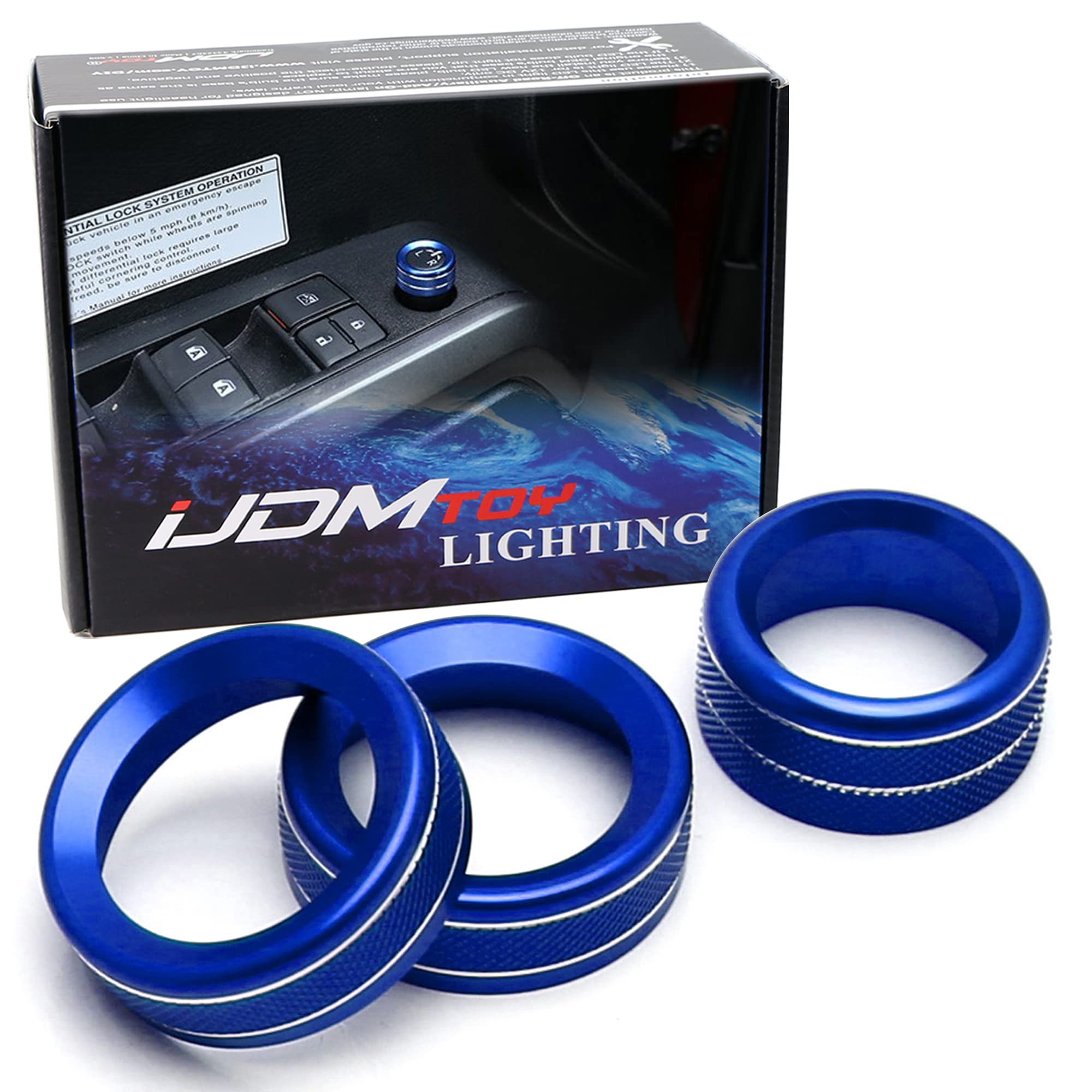 iJDMTOY 3pc Blue Aluminum Turner Covers Compatible with Toyota 2016-2023 Tacoma for GPS Navigation Screen Volume, Tune, Side Door Rearview Mirror