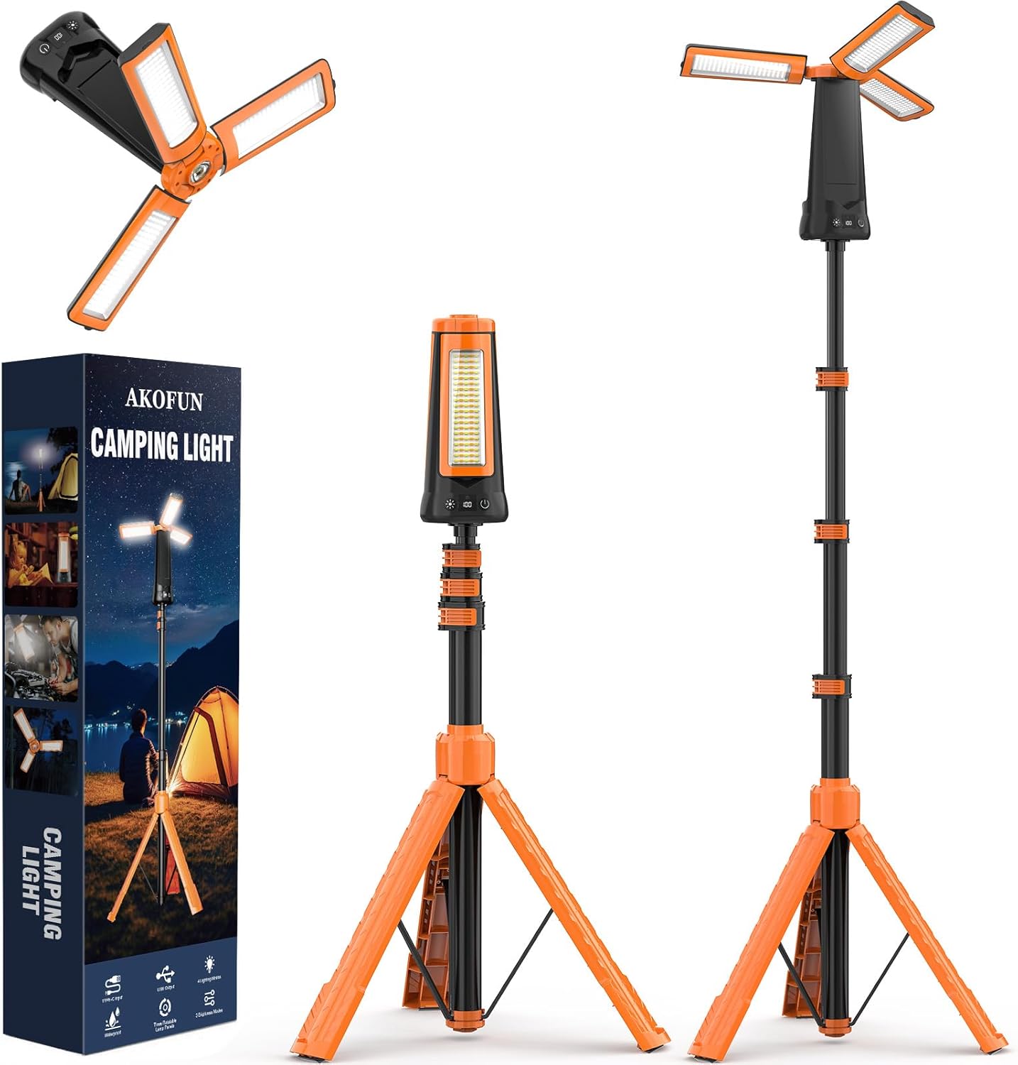 15000 mAh Rechargeable Camping Light with Stand, Cordless Work Light with 3 LED Lamp Heads, 5500 Lumens Dimmable Camping Essentials Gear Emergency Flashlight with 86" Detachable Tripod, Orange