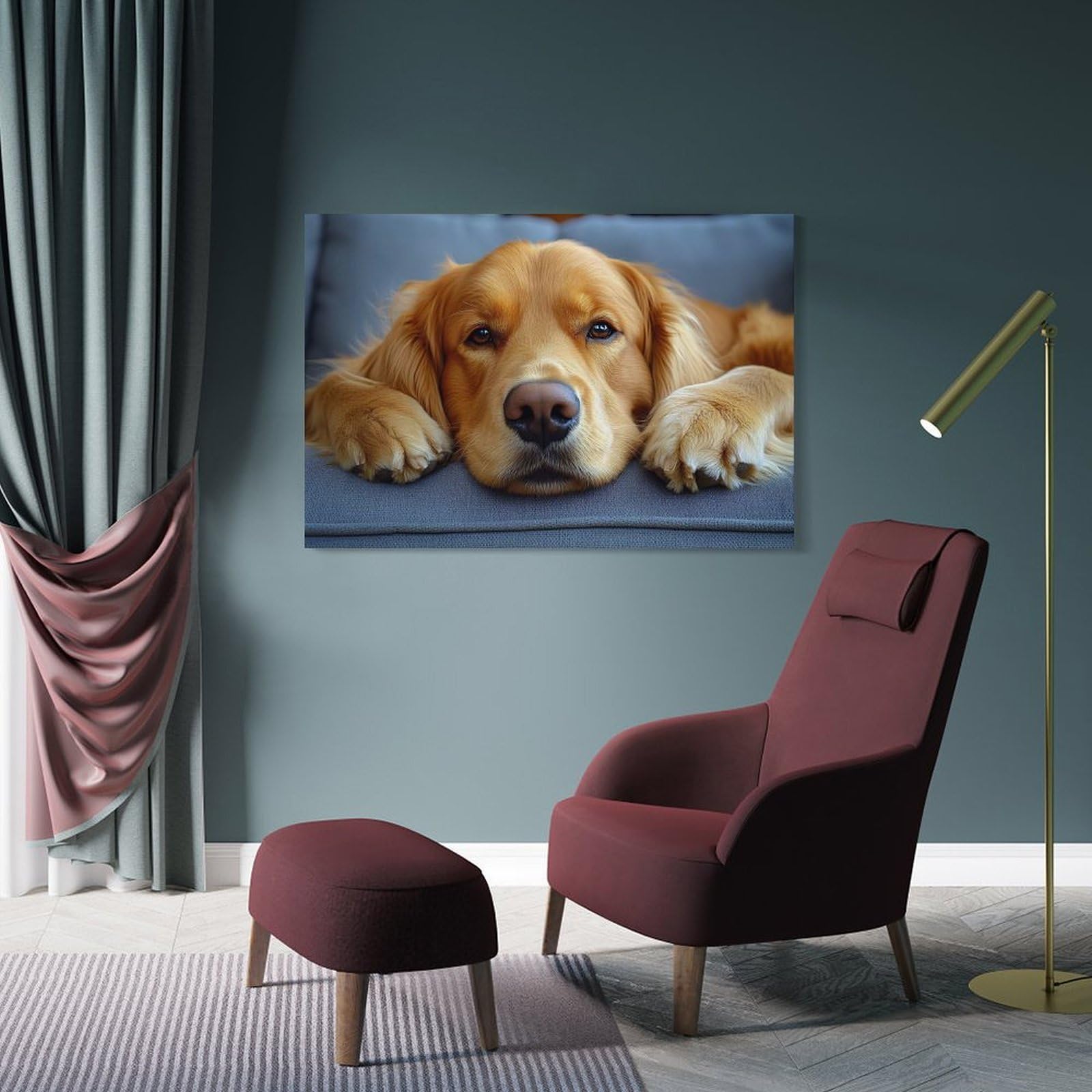 Junmoney Golden Retriever Resting on Gray Couch Hanging Wall Art, 16x24inch(40x60cm), for Entryway, Lounge Links Or Small Walls, Home Artwork for First Impressions