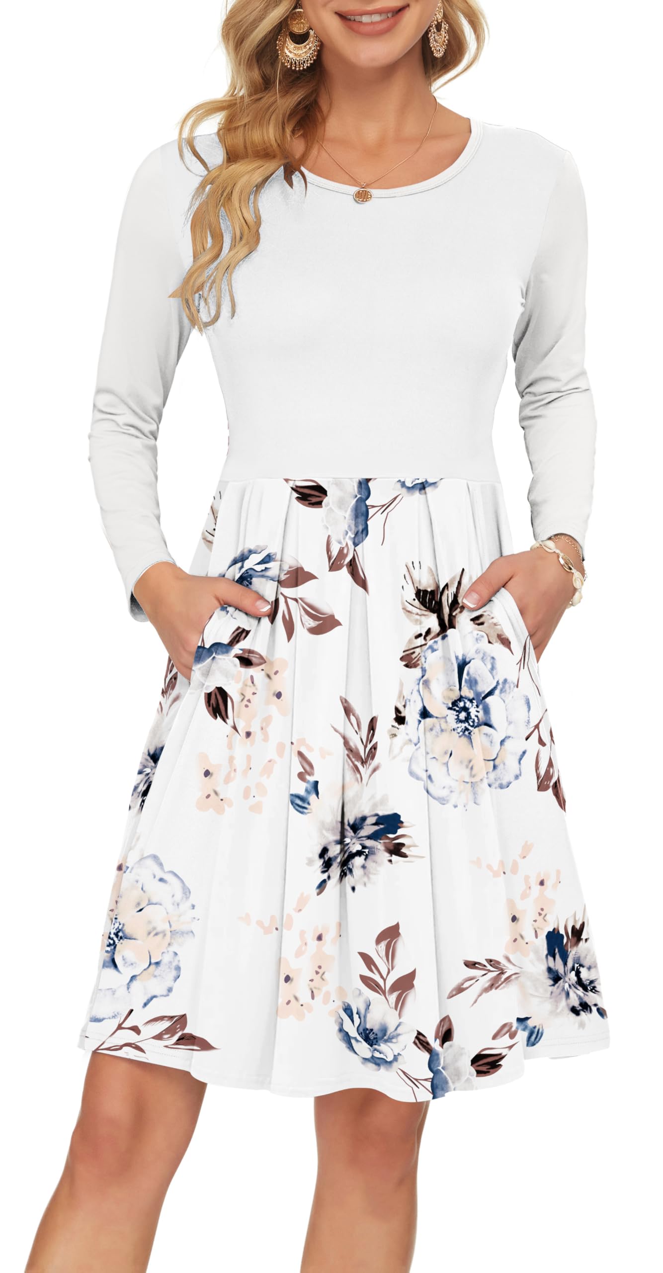 Auselily Women's White Flowers White Long Sleeve Pleated Loose Swing Casual Dress With Pockets Knee Length Xxl