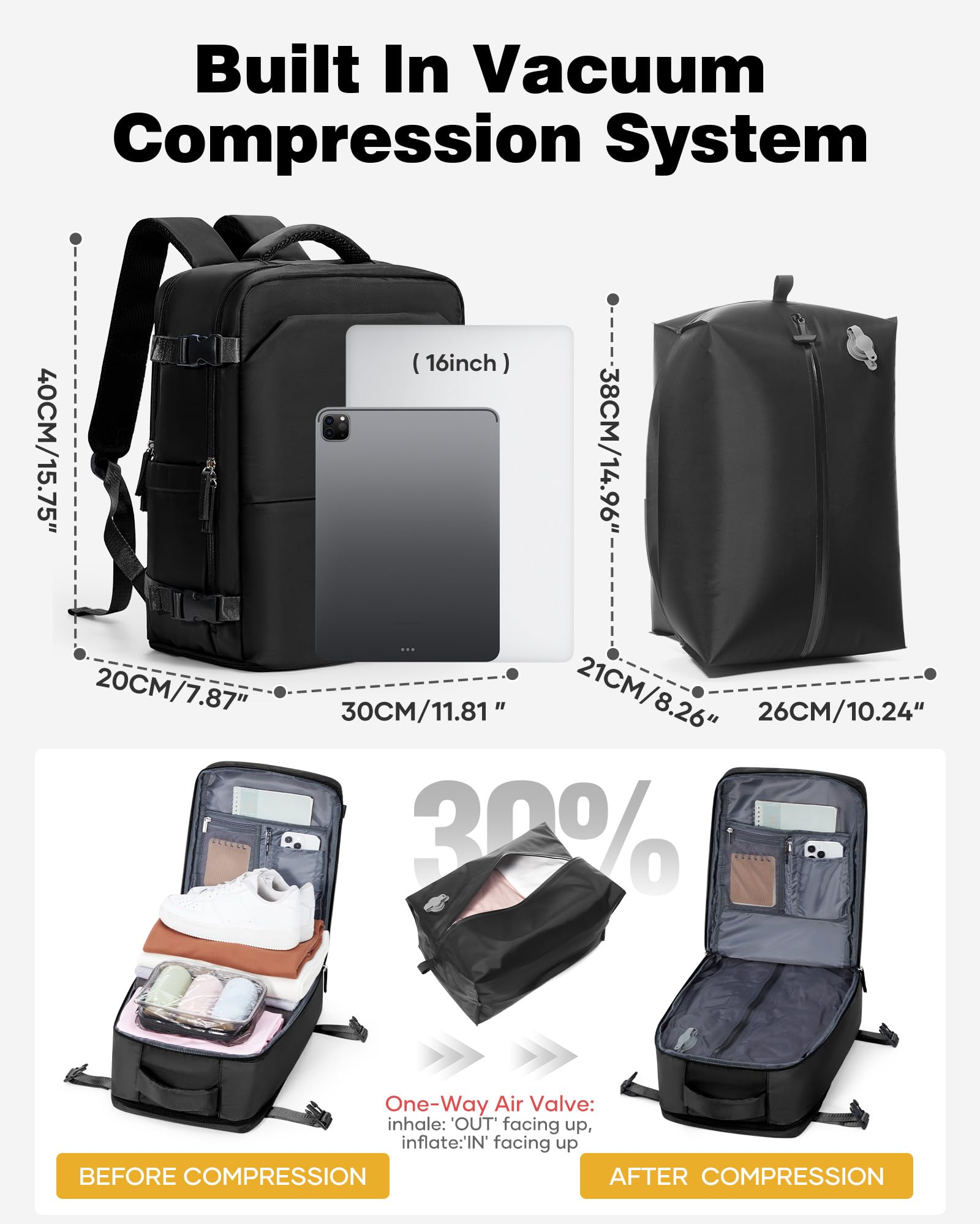 Mochila de Vacío con Bomba Eléctrica, Mochila Viaje Cabina Avion 40x30x20 Ryanair con Bolsas Vacio,Mochilas Portatil Cabina Avion Impermeable Travel Backpack