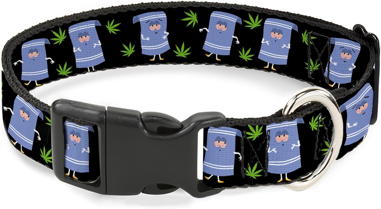 Comedy Central Pet Collar, Dog Collar Plastic Buckle, South Park Towlie and Scattered Pot Leaves Black, 16 to 23 Inches 1.5 Inch Wide