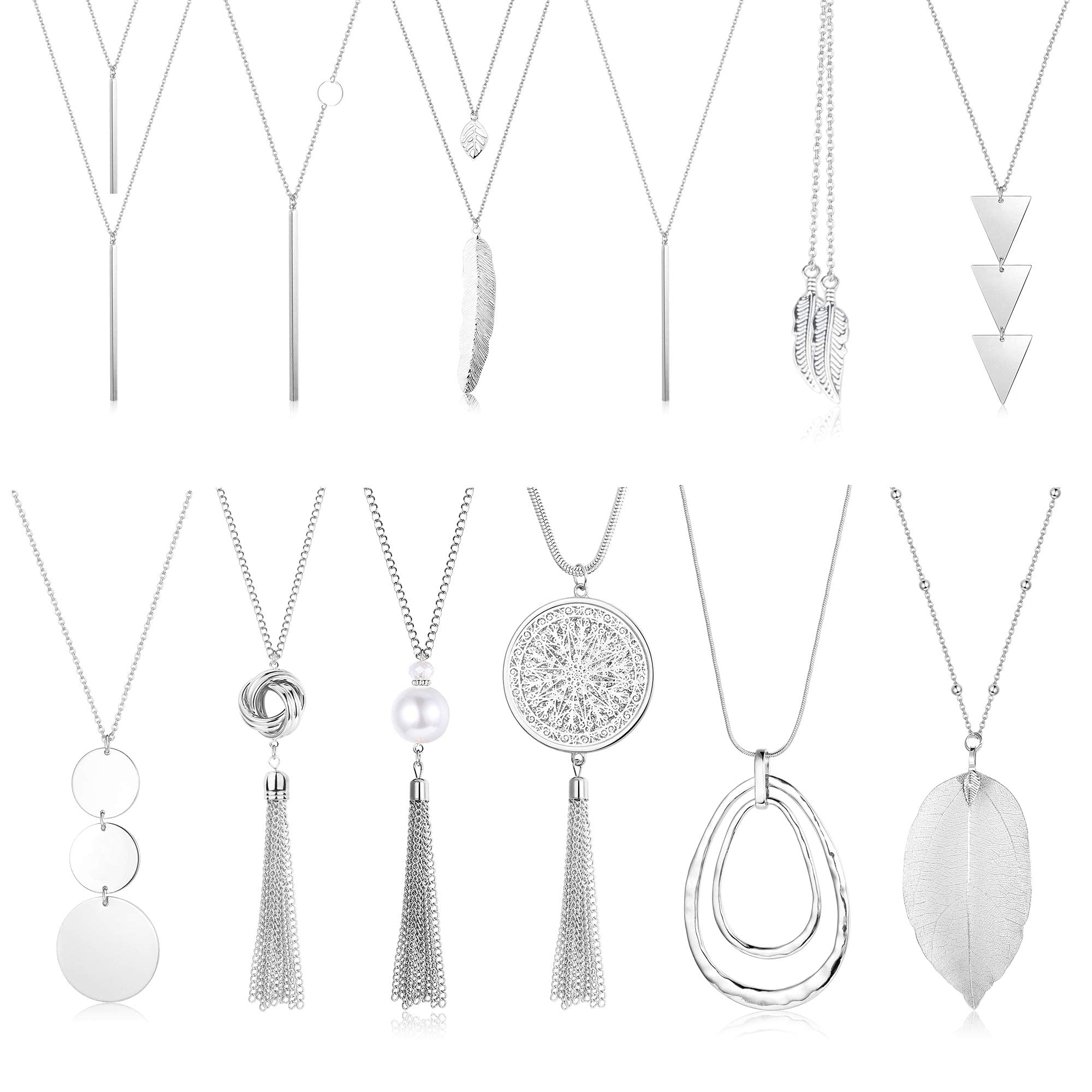 JeweBella 12 Piezas Collar Colgante Largo para Mujer Plata/Oro Boho Collar Colgante Barra Pluma Hoja de Y Borla Conjunto de Collar de Suéter Simple de Cadena Larga