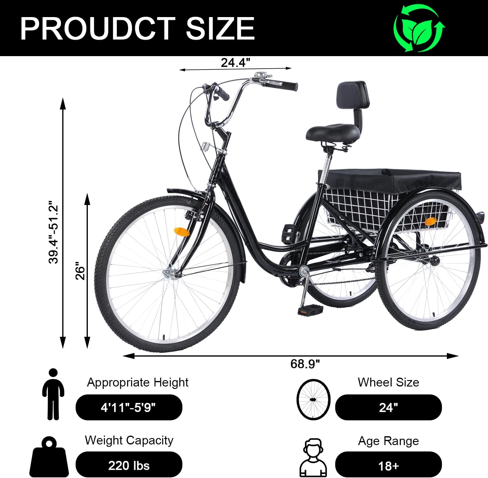 Adult Tricycle Bike 7 Speed, 24/26 Inch 3 Wheel Bikes Tricycle for Adults, Adult Trike for Women/Men/Seniors, Cruiser Bike w/Rear Basket for Shopping/Recreation/Picnic