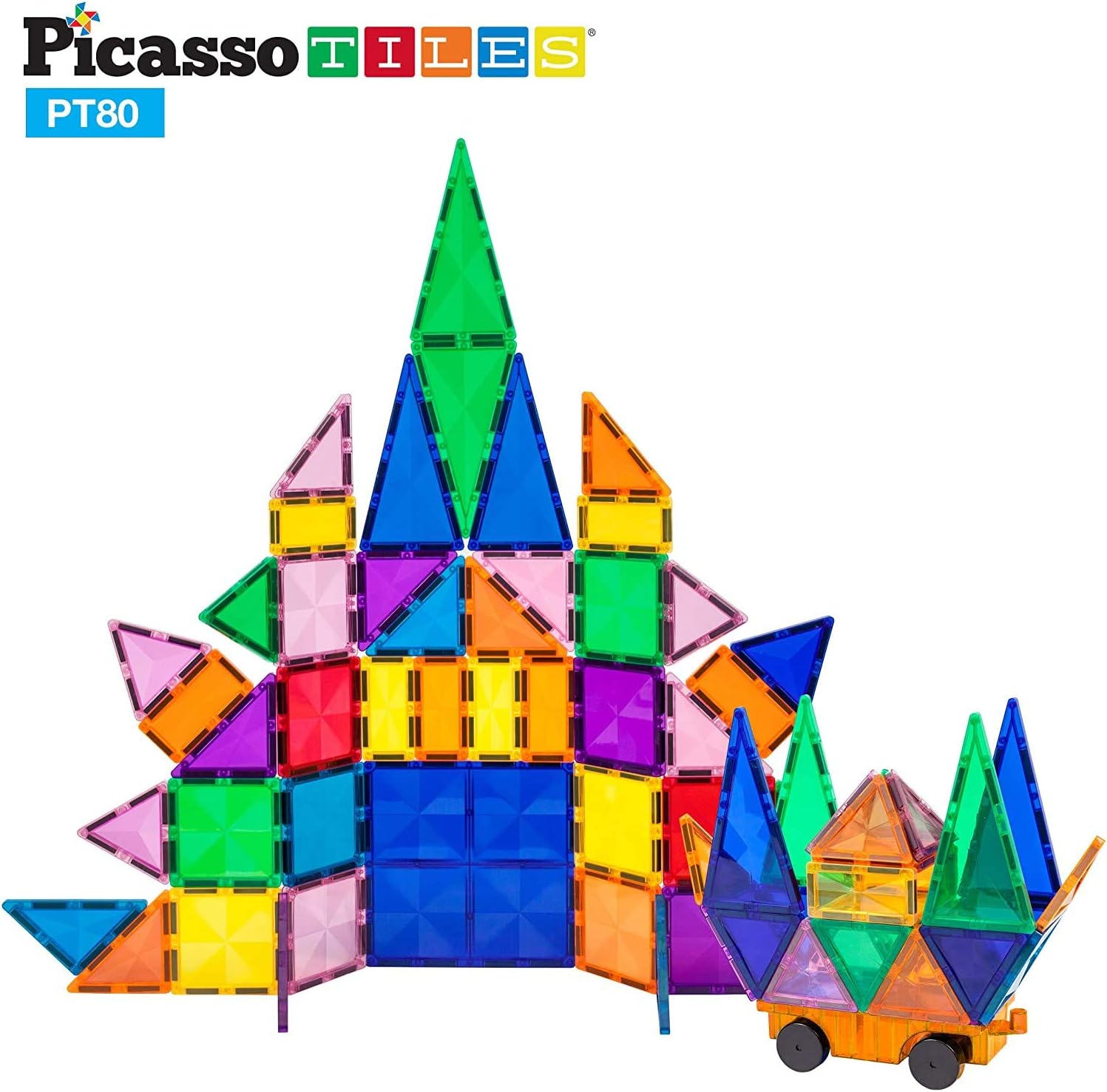 PicassoTiles 80PC Magnetic Diamond Tiles + 12PC Mirror Building Blocks Expansion Bundle: STEAM Learning & Educational Sensory Playset for Preschool and Kindergarten Kids Ages 3+, Great Gift Idea