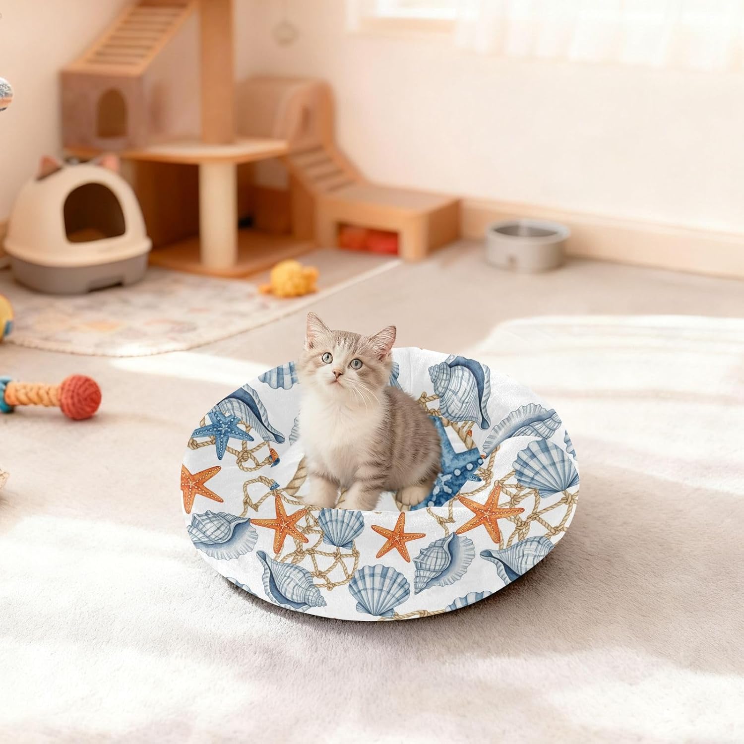 Nautical Seashells Starfish Pattern Dog Bed Donut Small Dog Beds Washable Cat Pet Bed Cozy Puppy Beds for Dogs Cats Non Slip Soft,M