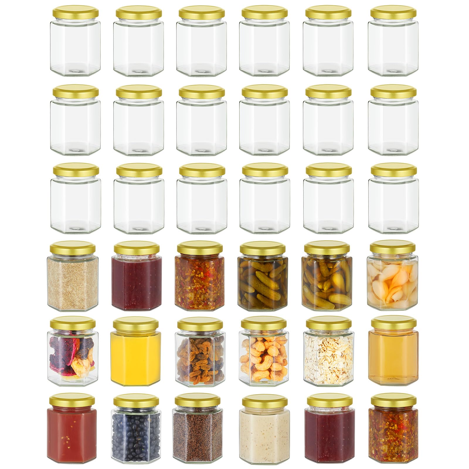 Artist Hand 36 Pack Jam Jars with Lids 280ml/9oz Hexagonal Glass Jam Jars Honey Jars Pickles Chutneys Storage with Screw Gold Lids