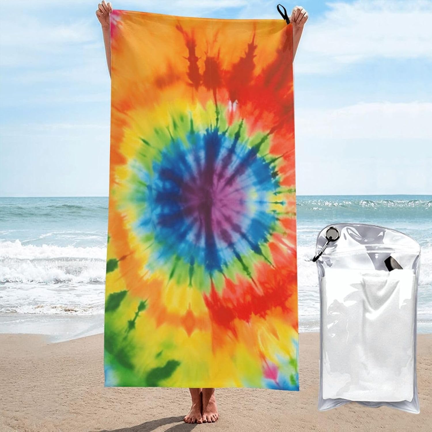 KHiry Microfiber Towel Beach Towels Tie Dye Quick Dry Towel Soft Lightweight Travel Towels Absorbent Large Easy Pack Travel Things Beach Blanket for Gym Sports Swimming, White