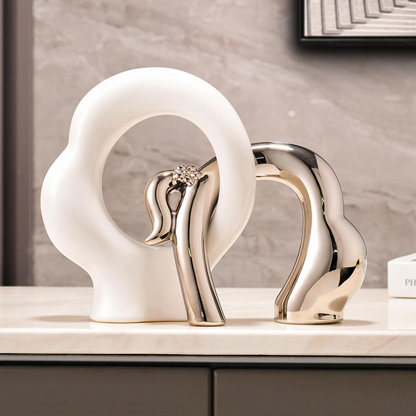 Moderna Figura Abstracta Estatua De Cerámica,Figuras Coleccionables Escultura Estética Decoración De La Habitación, Para El Centro De Mesa De La Sala De Estar Entrada Oficina ( Color : White+Silver )