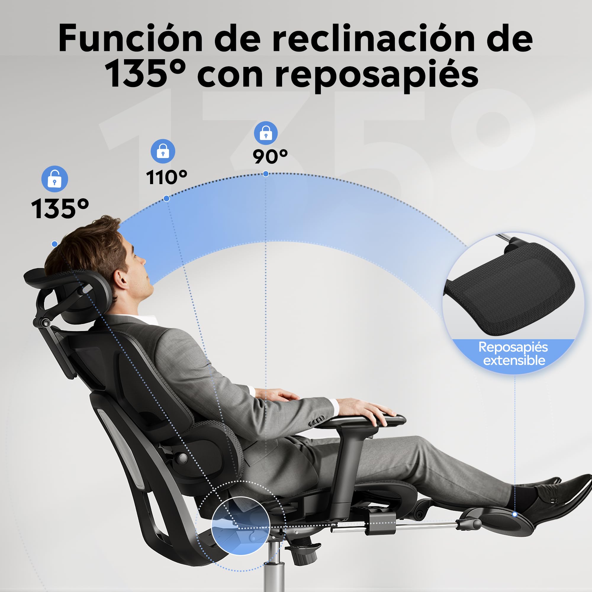 DEVAISE Silla ergonómica Oficina + Respaldo reclinable + Soporte Lumbar y reposapiés + Ruedas silenciosas y Malla Transpirable + Ideal para teletrabajo y Estudio + Negro