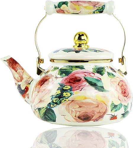 Hervidor de té esmaltado floral vintage dorado beige tetera floral beige floral boho agua caliente cafetera olla de té de porcelana 2.5L con mango