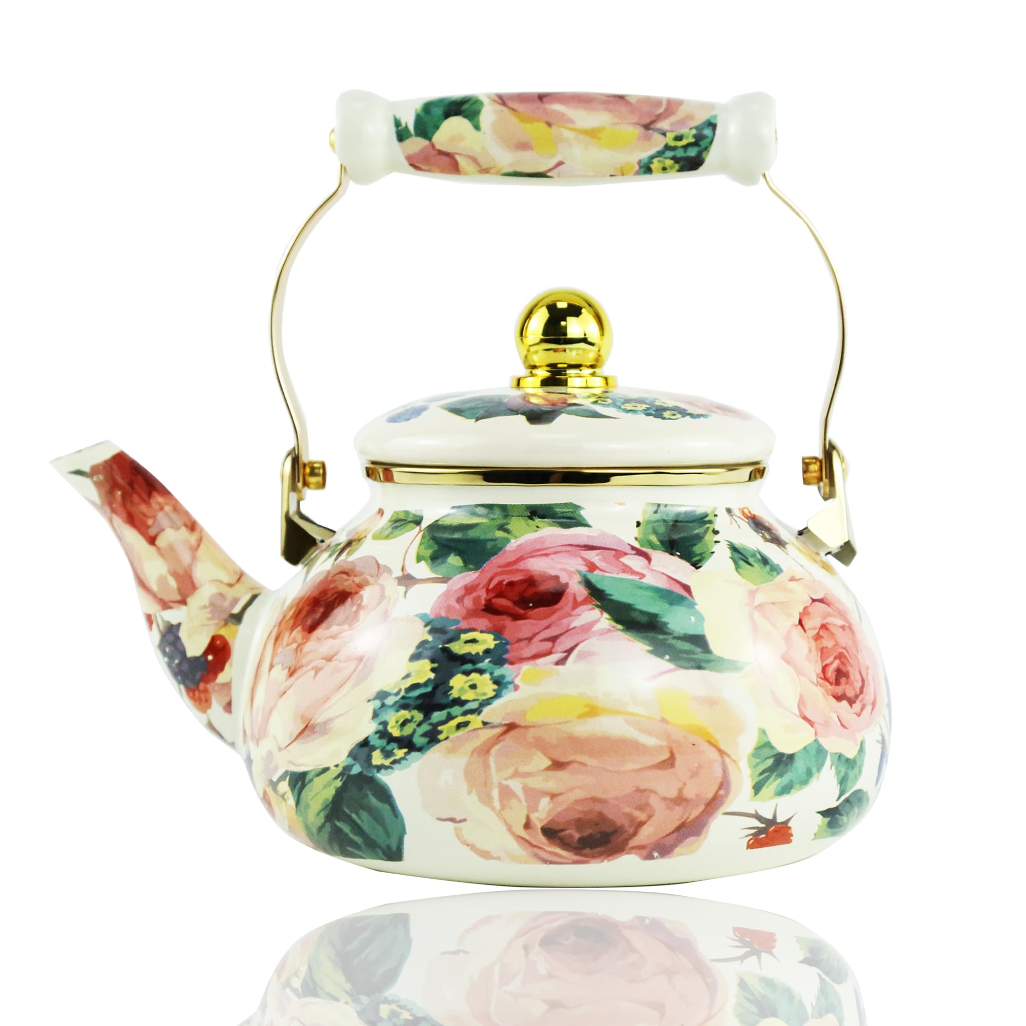 Leebright Floral Enamel Tea Kettle Vintage Gold Beige Teapot Beige Floral Boho Hot Water Coffee Kettle Pot 2.5L Porcelain Tea Pot with Ceramic Handle for Stovetop Kitchen Home Decor