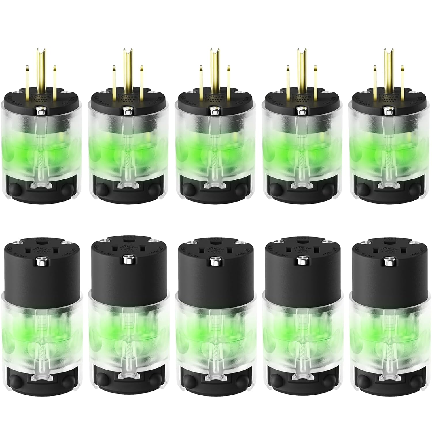 5 Set Lighted Extension Cord Ends, 15A 125V Extension Cord Replacement Ends 3 Prong, NEMA 5-15P & 5-15R , Lighted Plug and Connector Set for RV, Welding Equipment, UL Listed, Black
