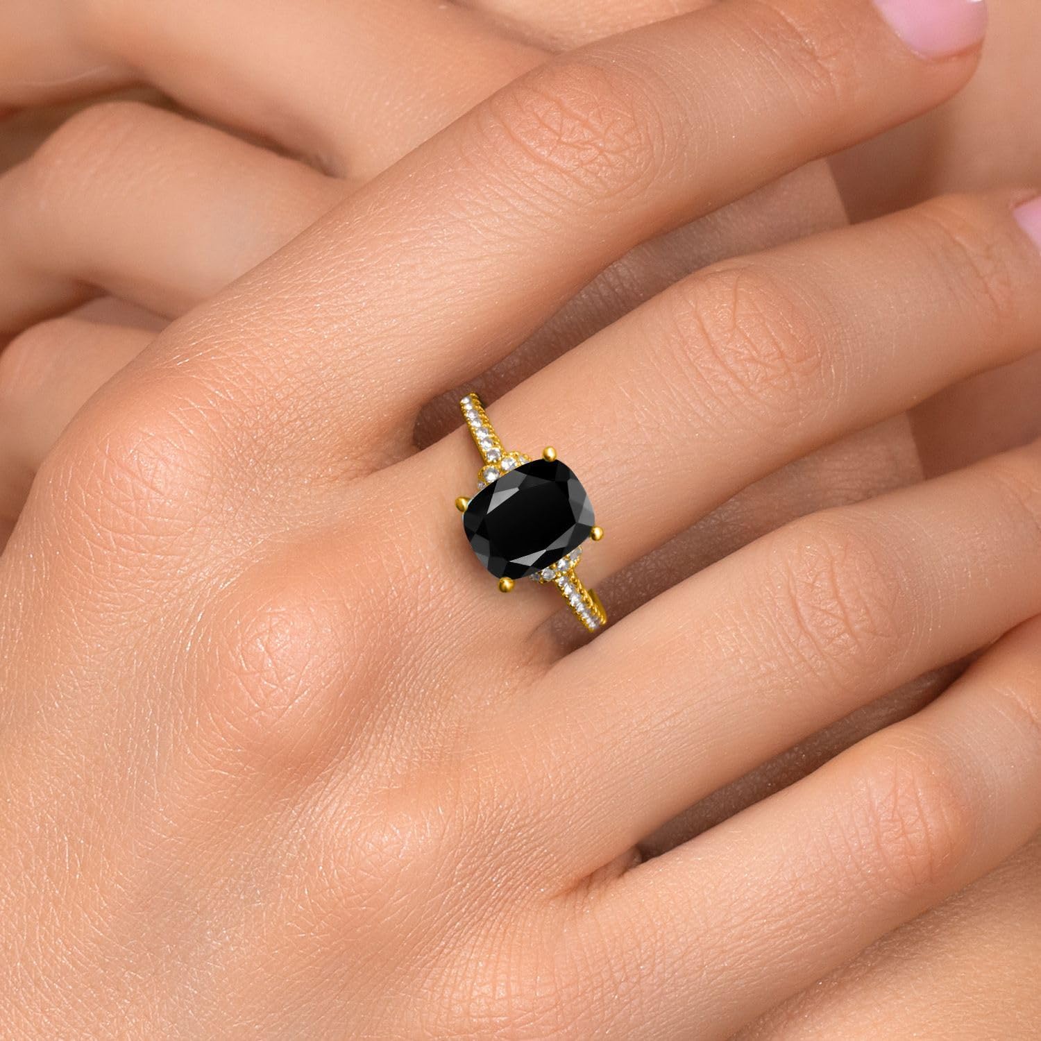 Gem Stone King 18K Yellow Gold Plated Silver Customized and Personalized 10X8MM Cushion Gemstone Birthstone and White Created Sapphire Engagement Ring For Women
