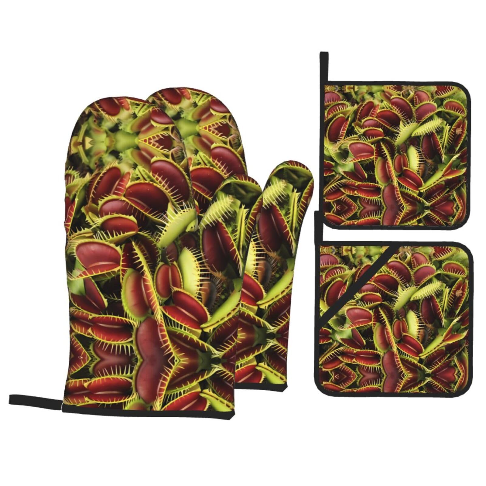WHJSSF Plant Prints Kitchen Baking Set - 4-Piece Heat Protection Layers with Waterproof Potholders for Oven, Grill & Serving