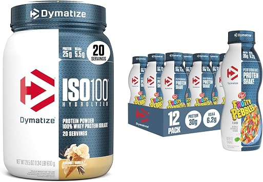 Bundle of Dymatize Performance Protein Shake, Fruity Pebbles 12 pack + ISO100 Whey Protein Powder Isolate, Gourmet Vanilla 20 Servings