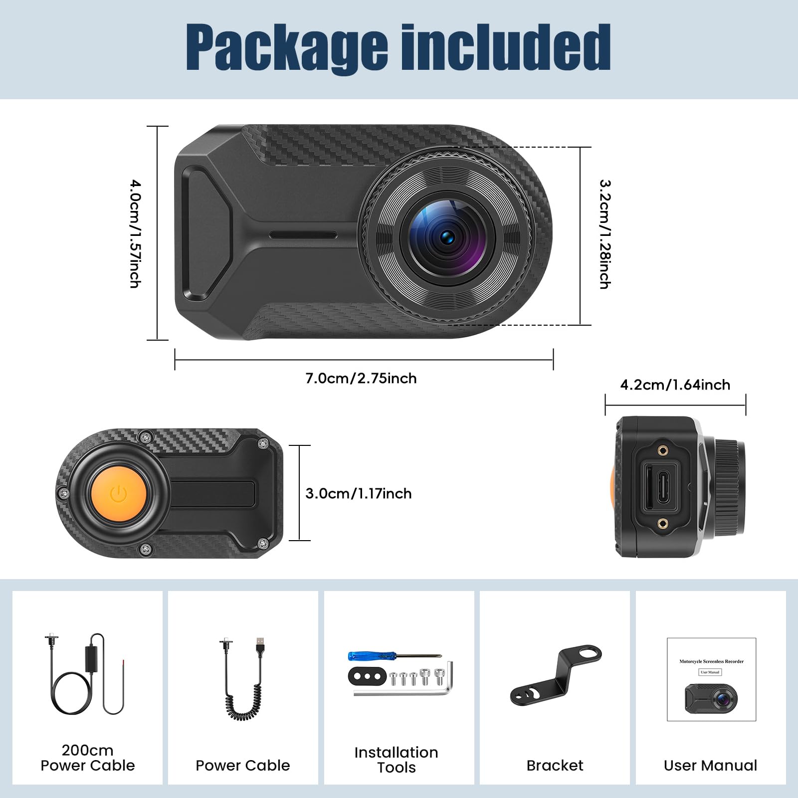 CAMECHO Mini Dashcam para Moto 1080P Cámara IP66 Frontal Impermeable Sin Pantalla, Gran Angular de 110°, Visión Nocturna, Aplicación WiFi, Grabación en Bucle, 7 * 4 * 3,2 cm