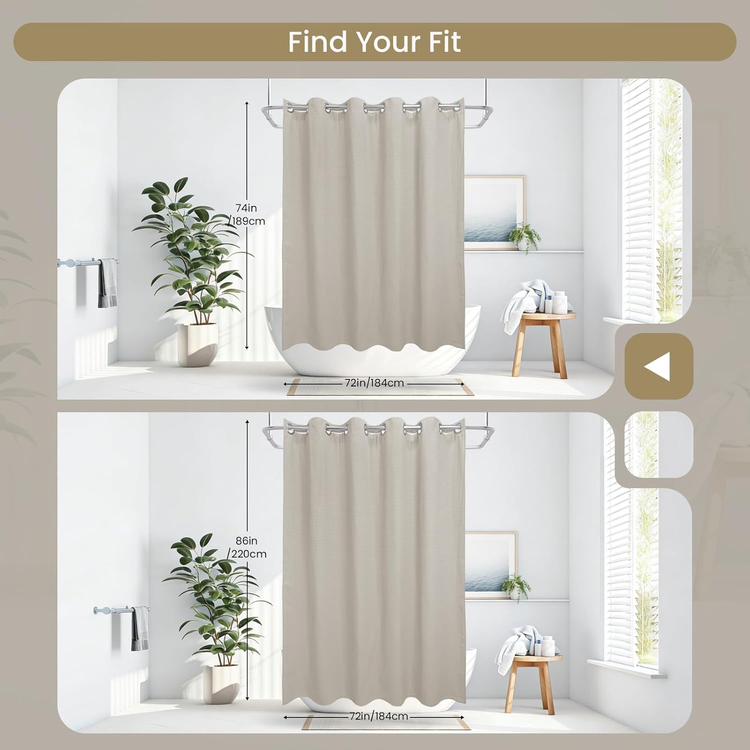 Clean Slate Series No Hook Shower Curtain, 230 GSM Waffle Weave, Snap-in Liner, Heavy-Duty Soft Fabric, 4 Hem Magnets, Water-Repellent Bath Curtain (Khaki, 72" W x 74" L(Pack of 1))