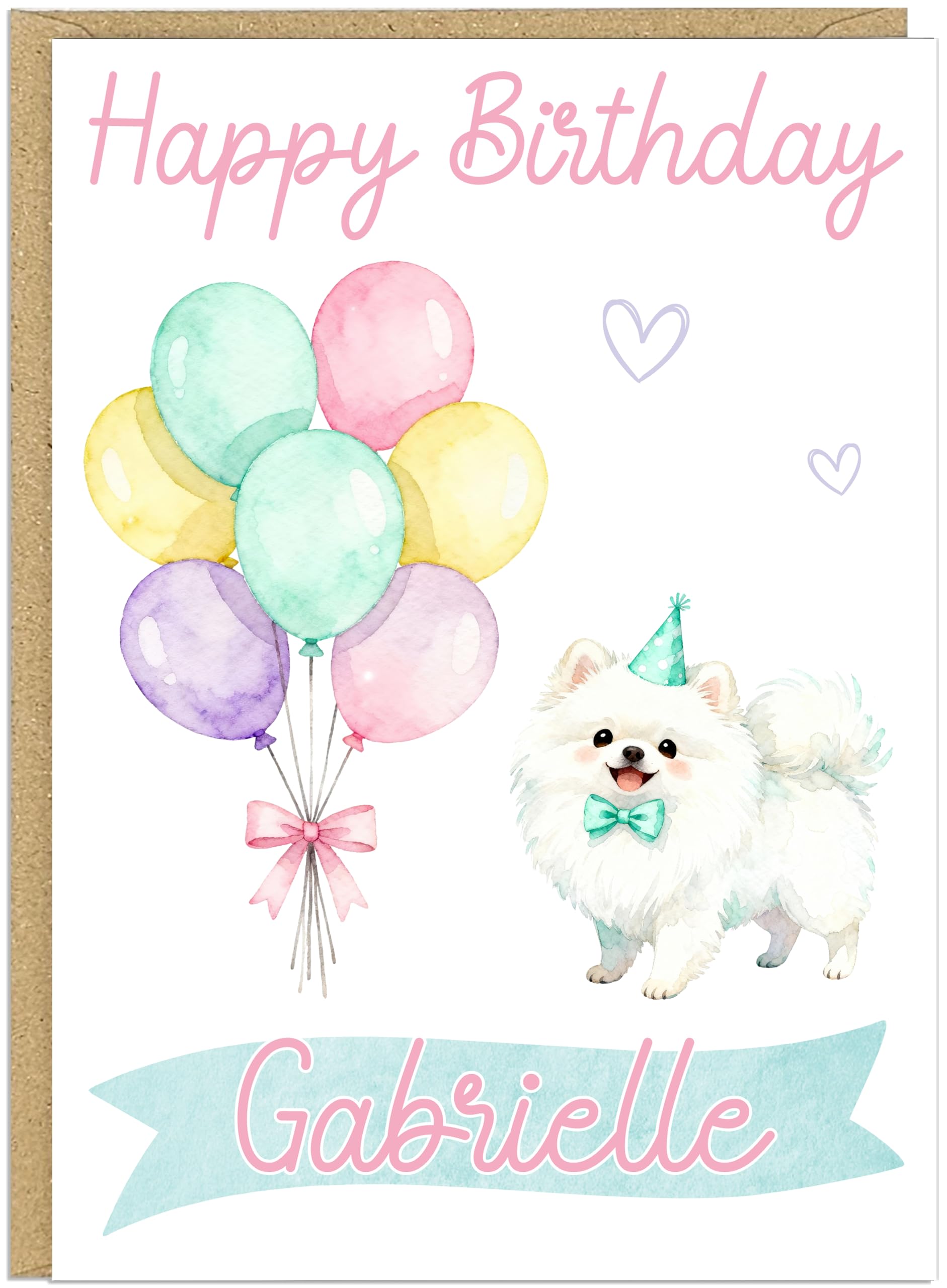 Personalised Happy Birthday Dog Breed Card - Custom Add Own Name Cute Puppy Dog Breed Design - Fun Pastel Puppy Birthday Greeting Cards for Girls Kids Teens Granddaughter (Pomeranian)